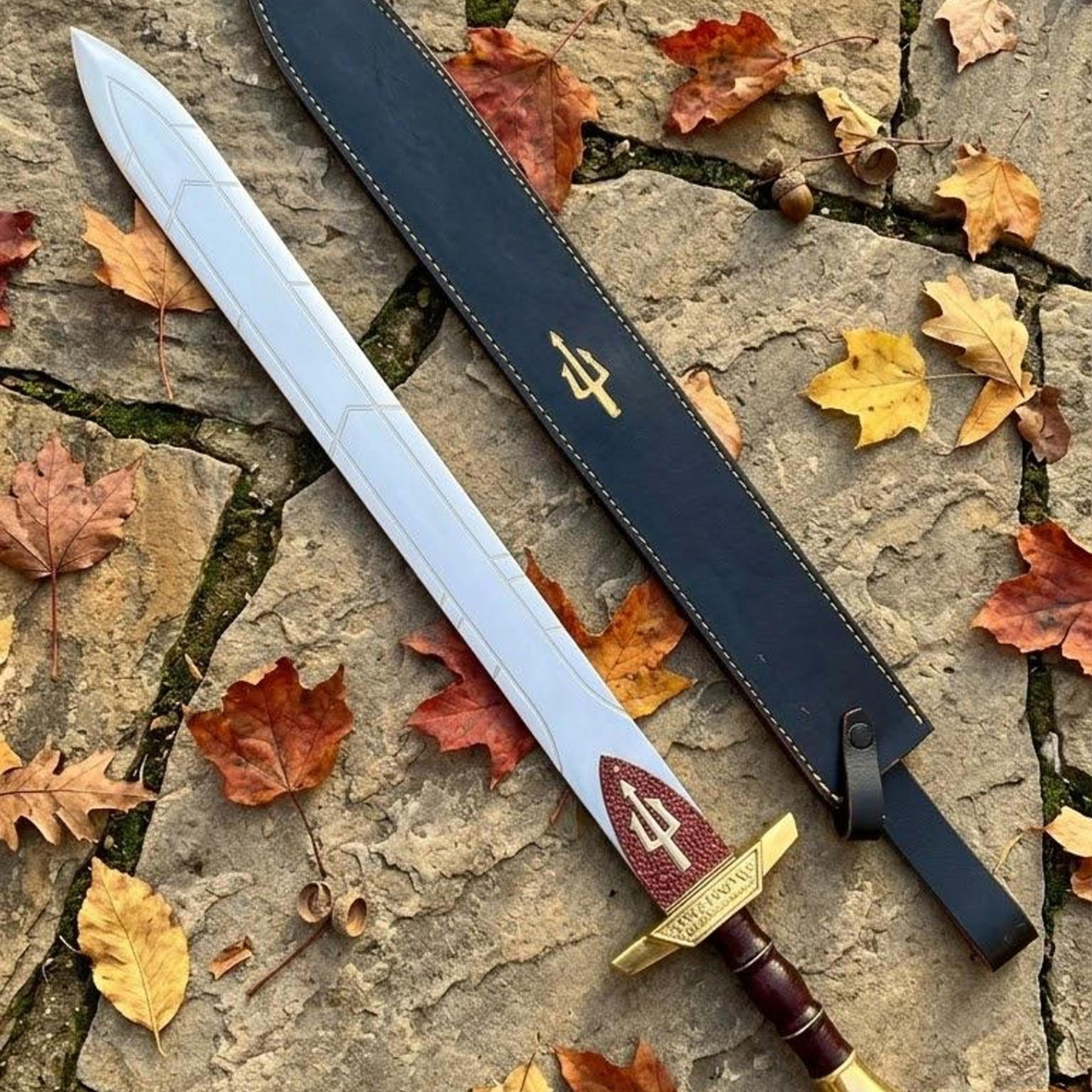 handmade atlantean warrior sword – polished steel blade with gold trident emblem, leather sheath & ocean mythology gift