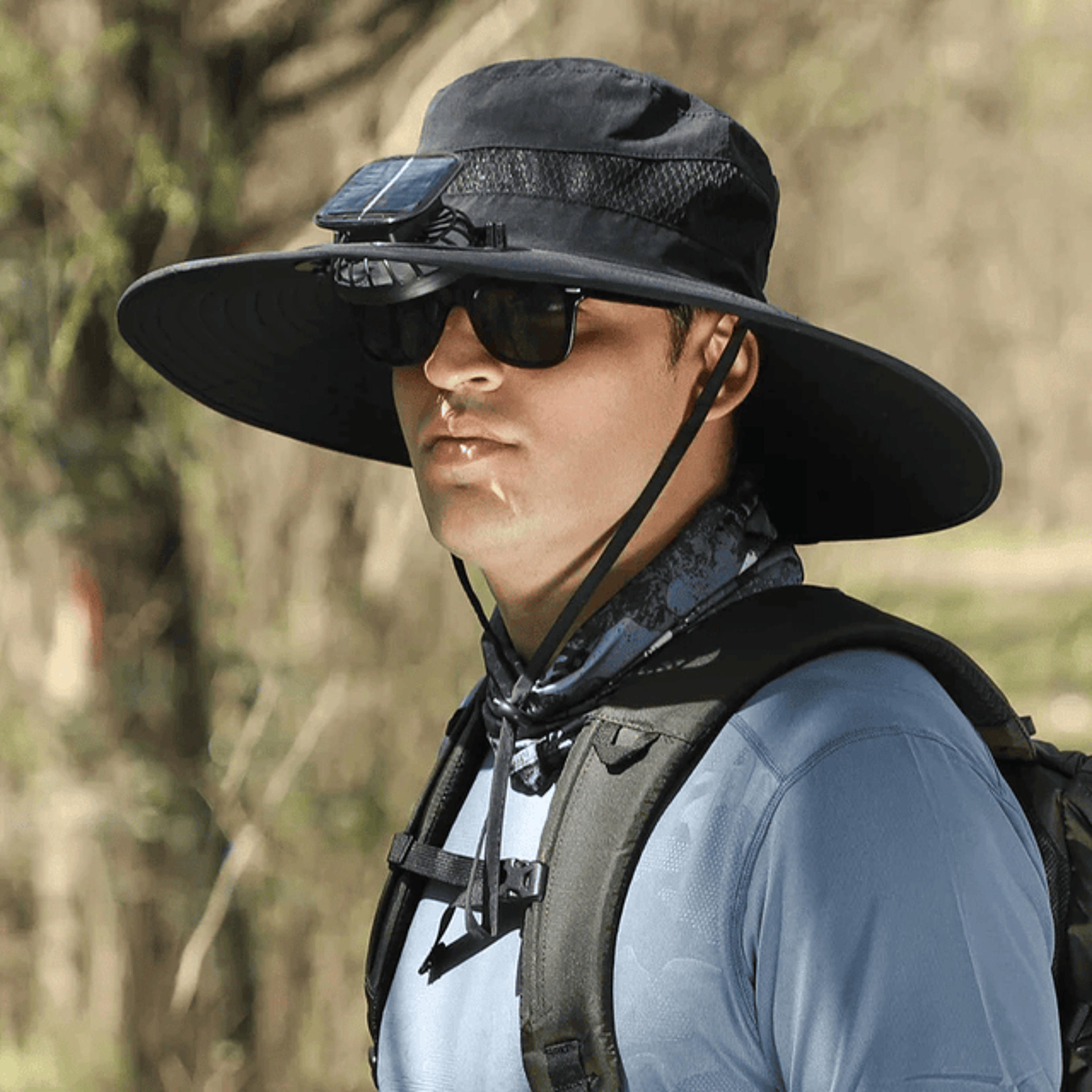 outdoor wide brim sun hat with solar fan