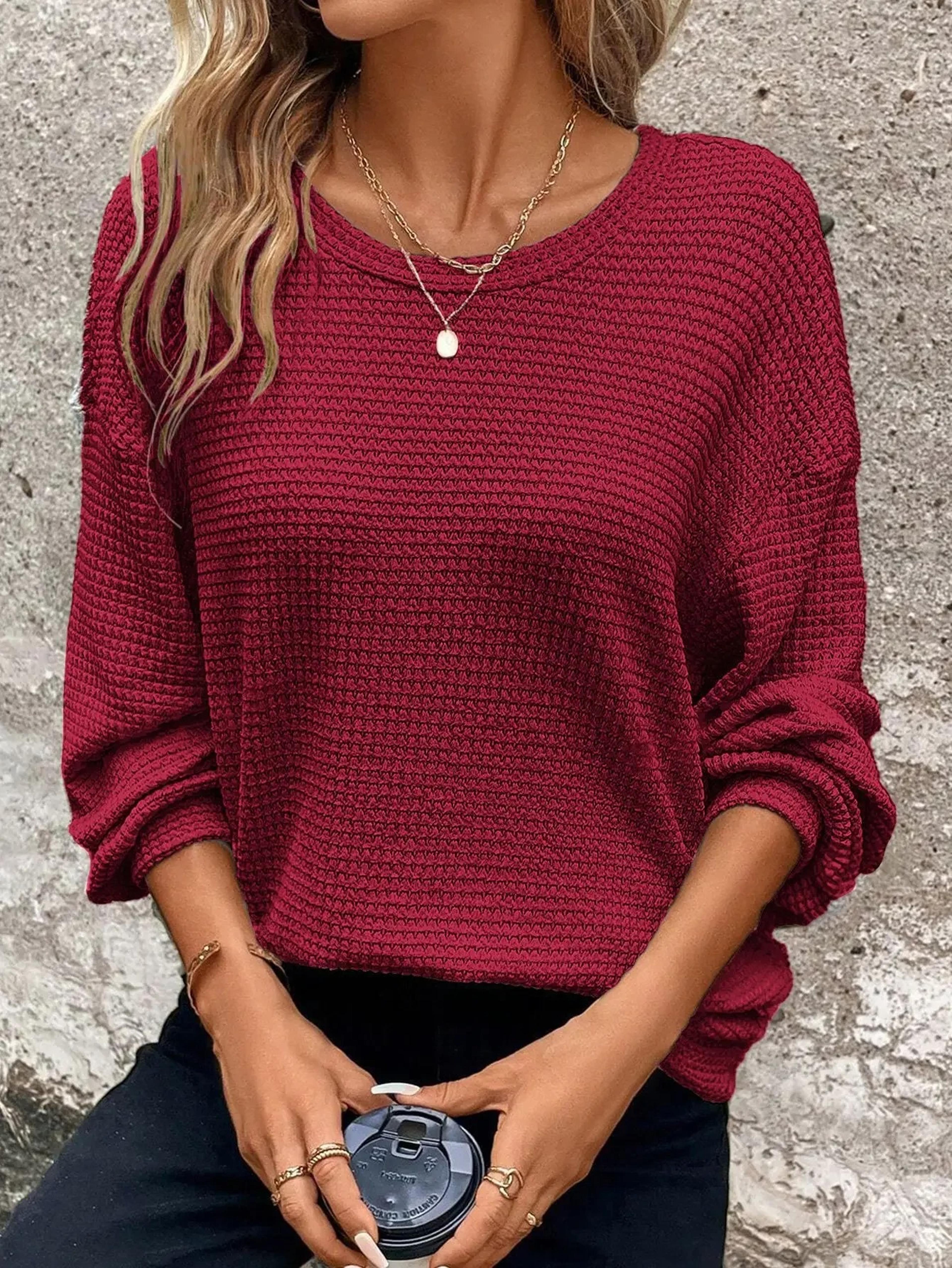 women's plus size autumn/winter round neck long sleeve pullover – cozy solid color top