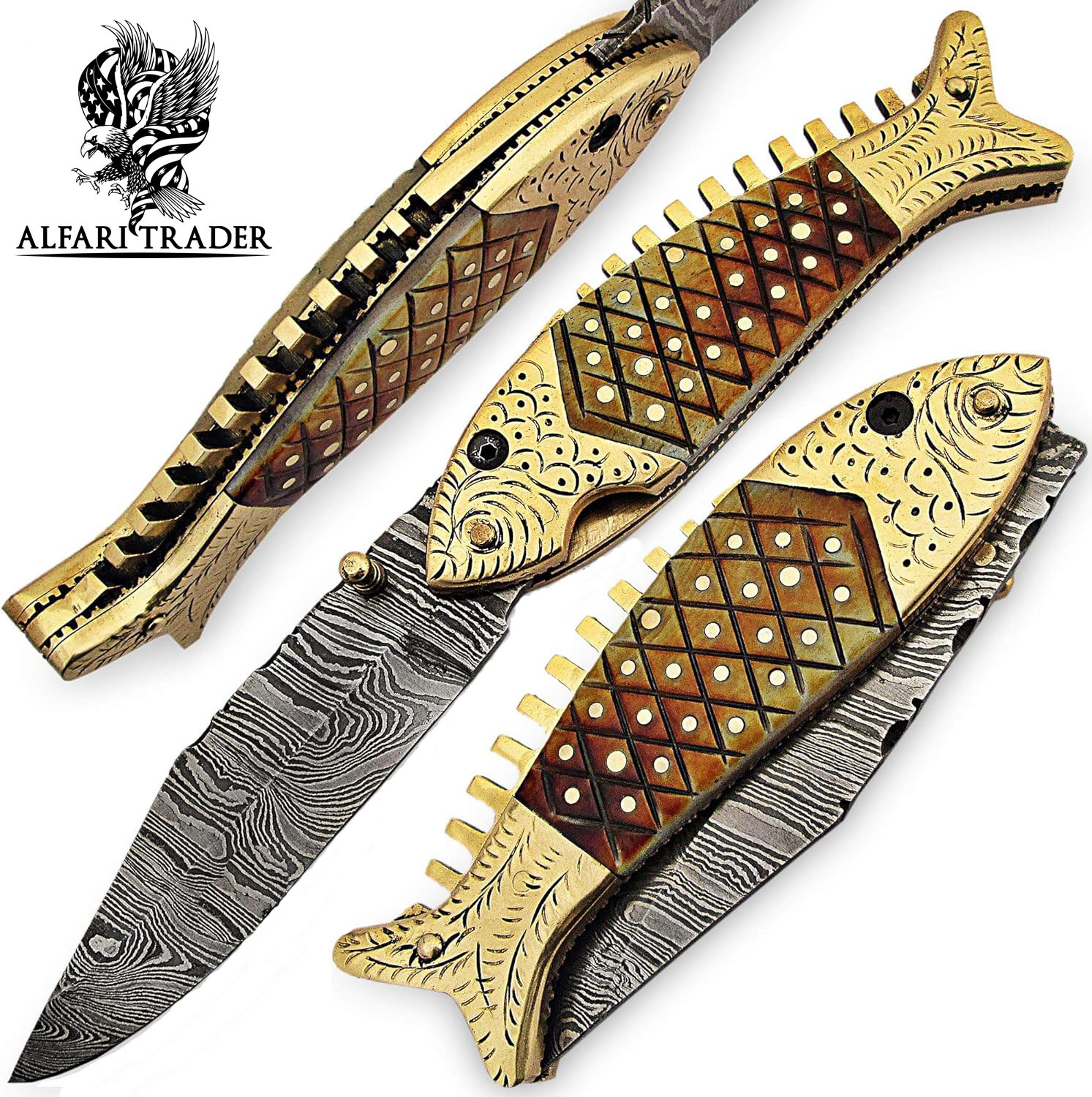 handmade damascus steel fish folding knife - utility knife - with leather sheath highest quality