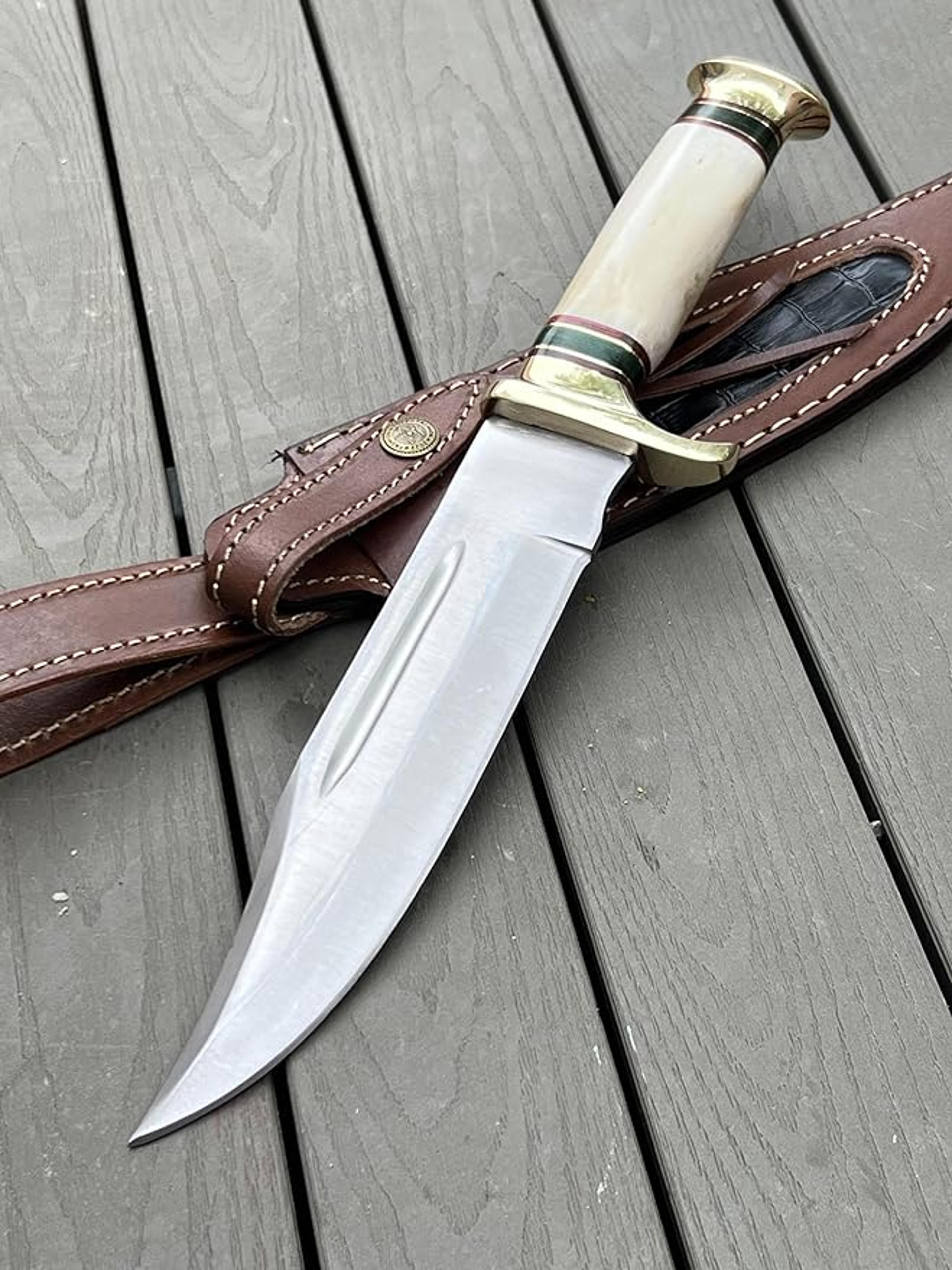 12-inch bowie knife, full-tang fixed blade, wood handle hunting knife with leather sheath for camping