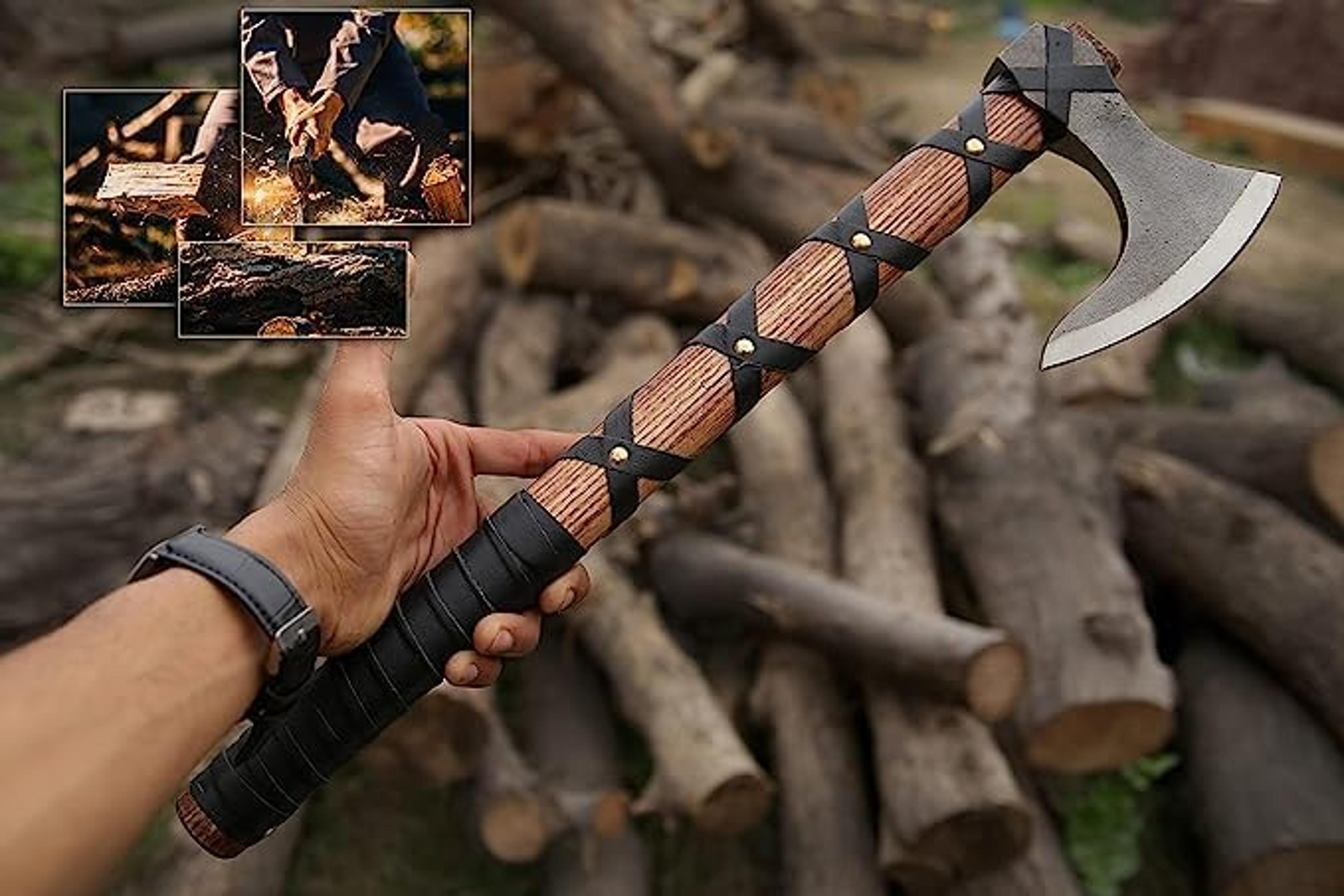 19" inches ragnar lothbrok axe with leather sheath camping and forest hunting hatchet gift for him