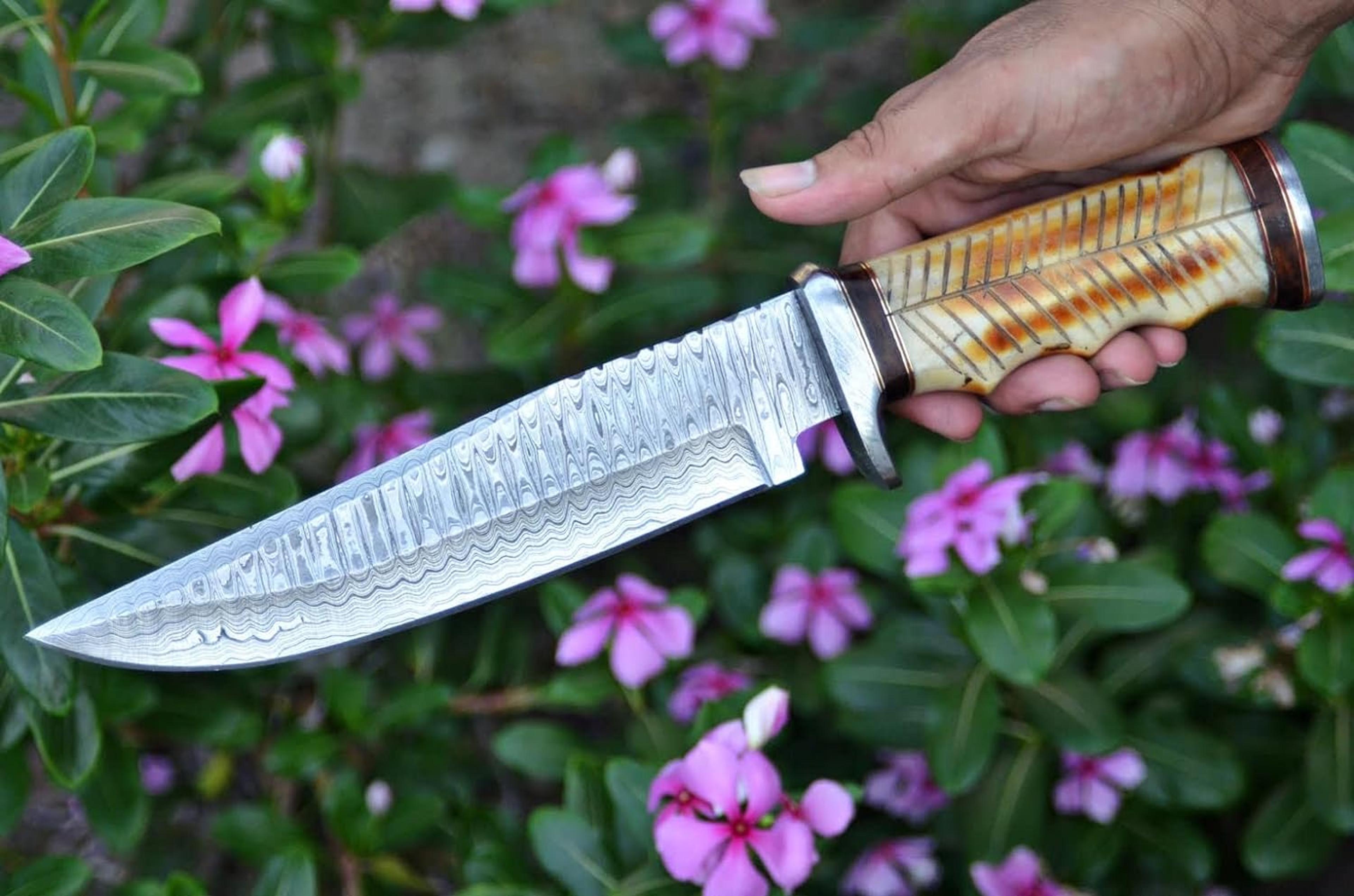handmade damascus steel 13" inches damascus steel hunting knife - camel bone & rose wood handle with damascus