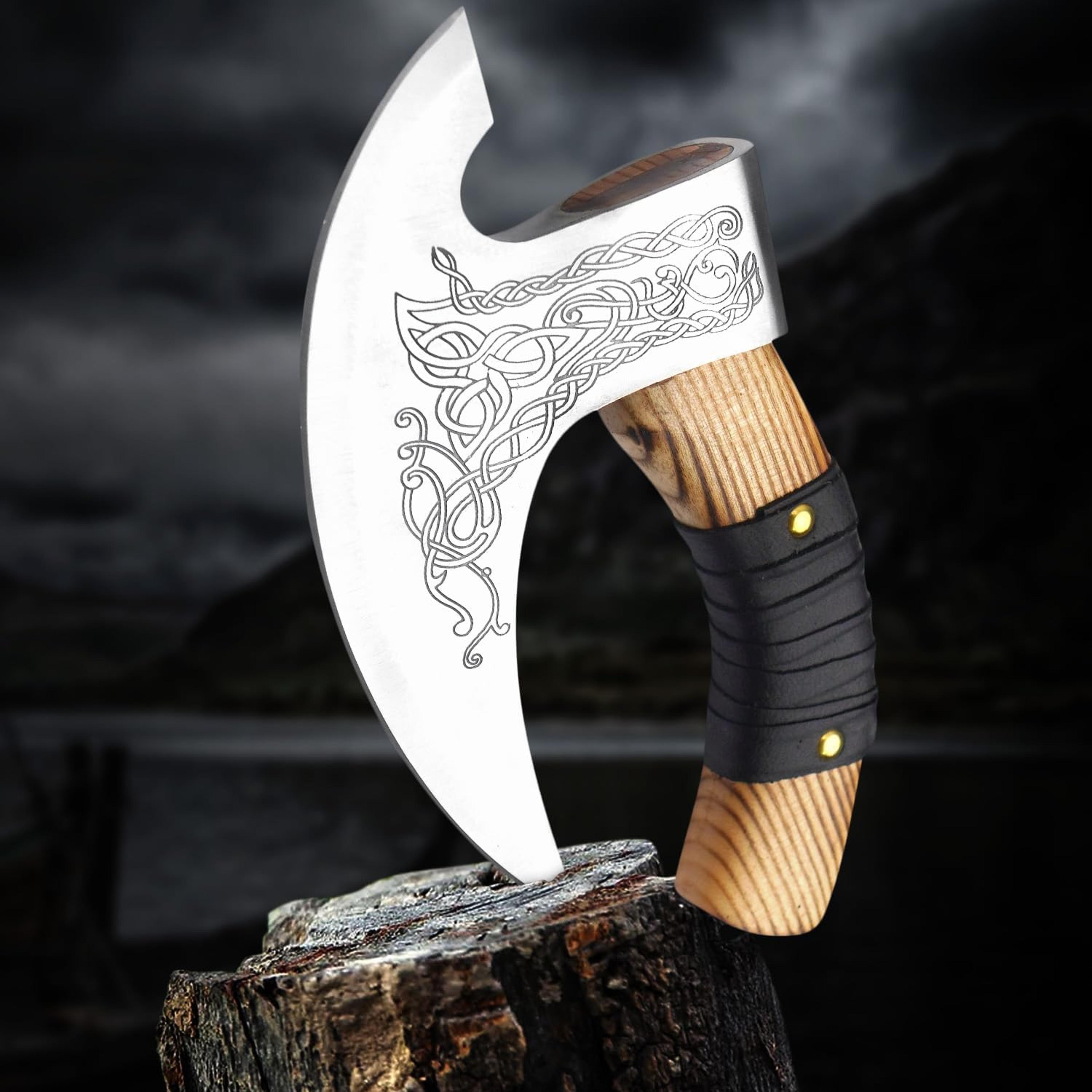 11" pizza cutter cutting carbon steel, leather sheath viking style chopping multi purpose ash wood