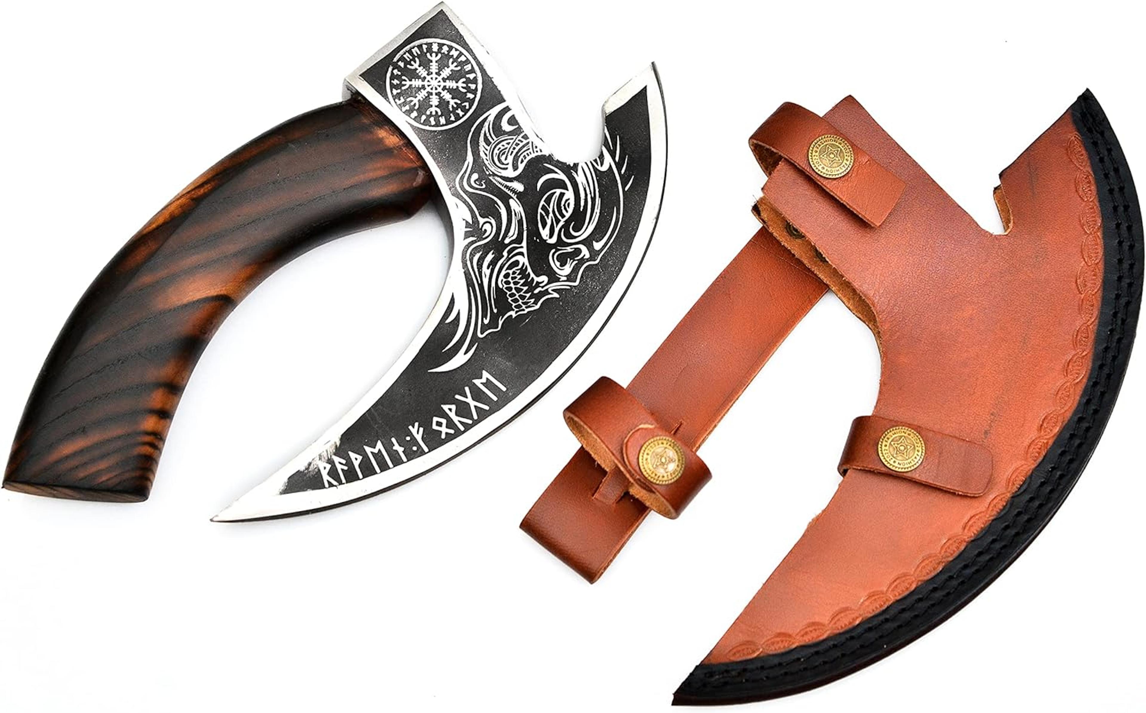 11" pizza cutter 10" cutting blade with carbon steel, leather sheath hiking style chopping multi purpose ash wood
