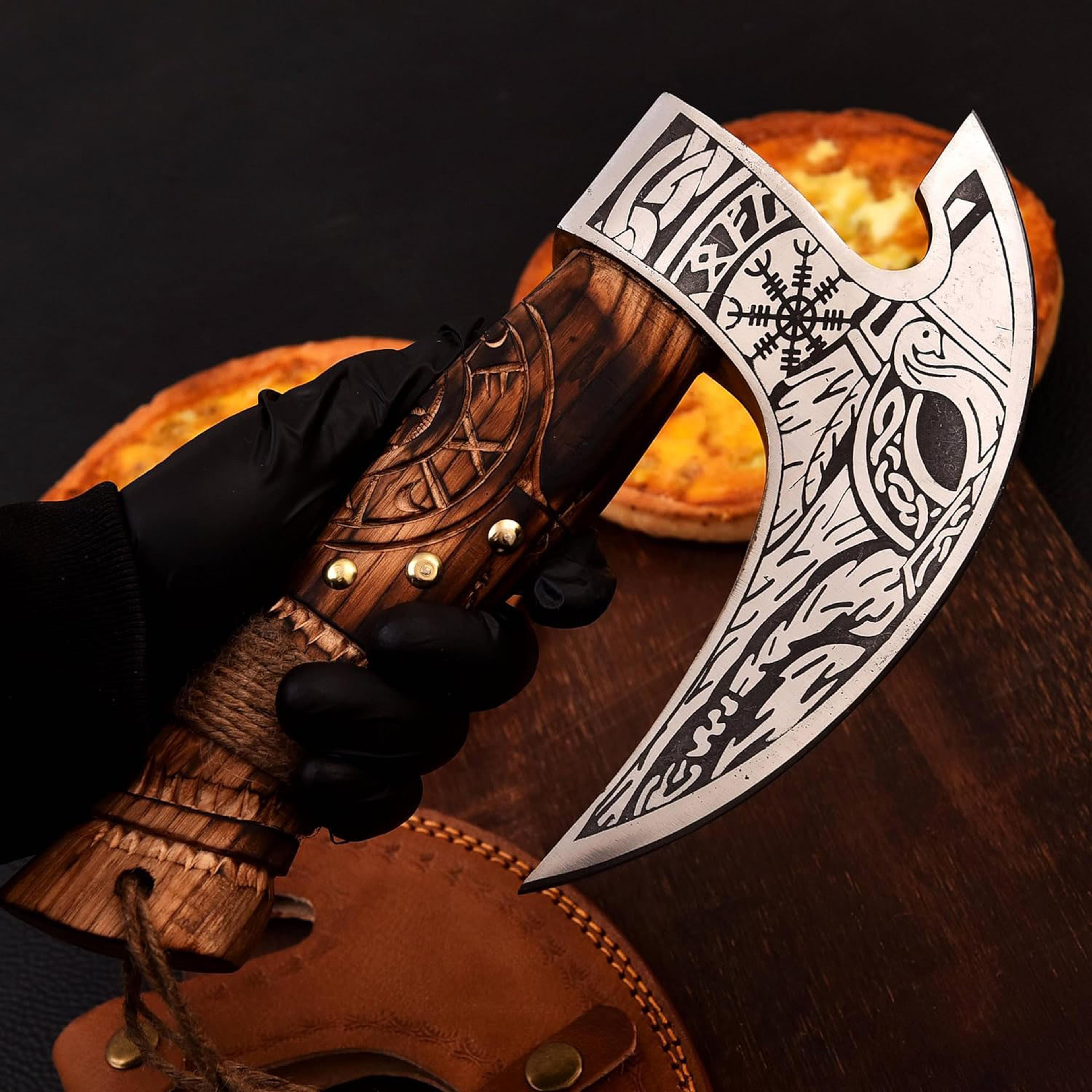 11" pizza cutter 10" cutting blade with carbon steel, leather sheath hiking style multi purpose ash wood engraved