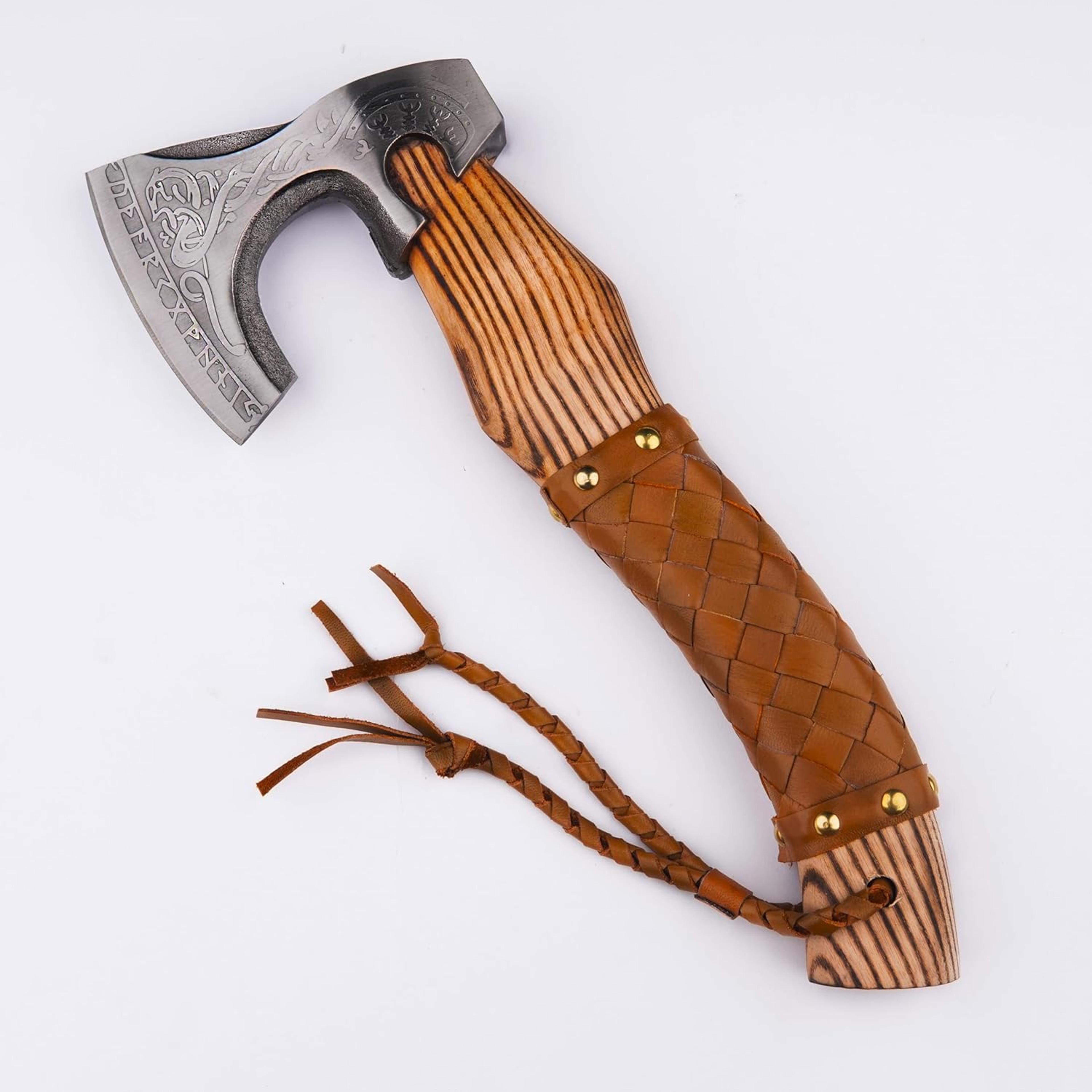 viking axe the ragnar lothbrok real, and custom crafted with leather sheath carbon steel camping,hiking