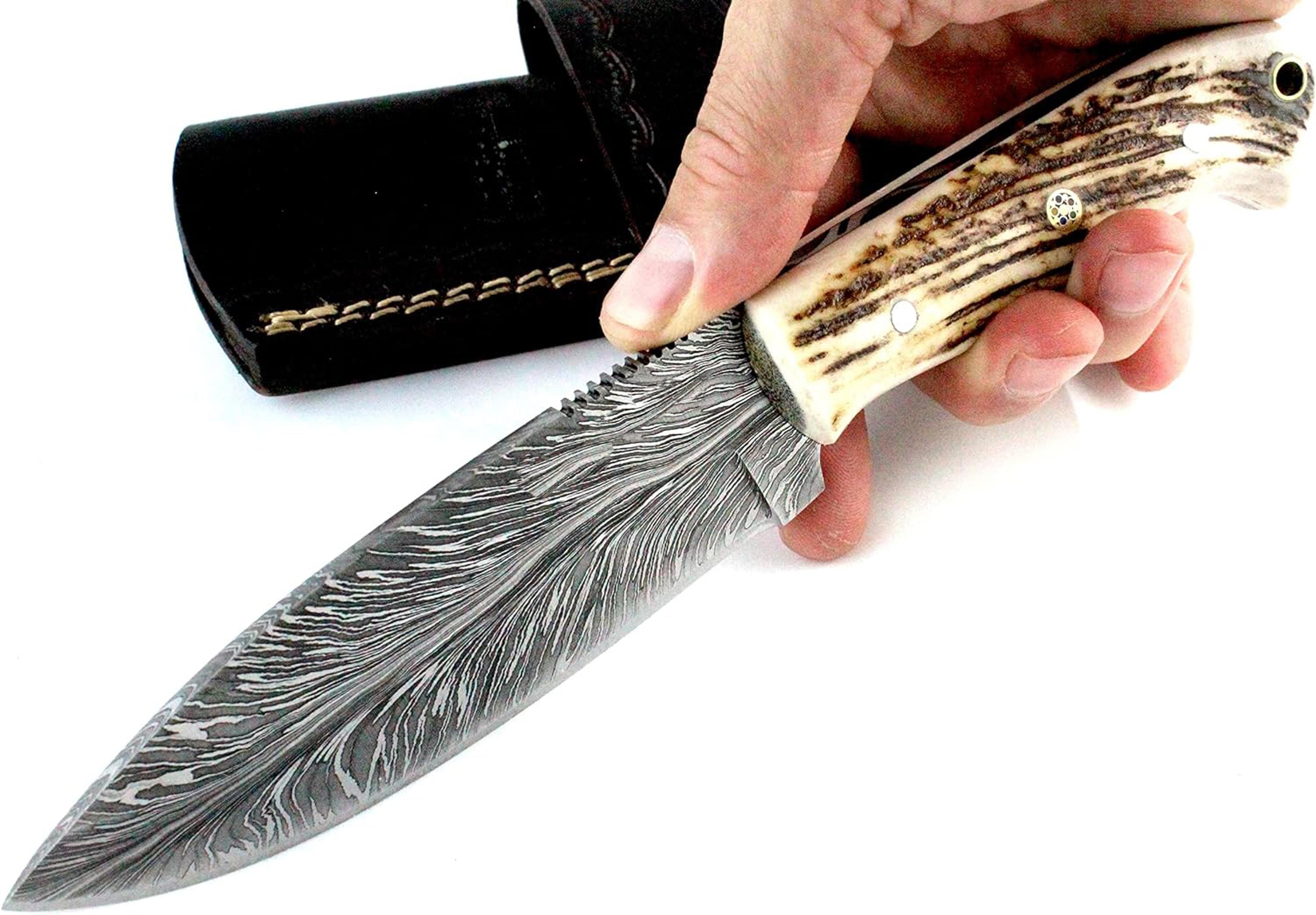 feather pattern knife with leather sheath fixed blade hunting knives for men camping handle stag