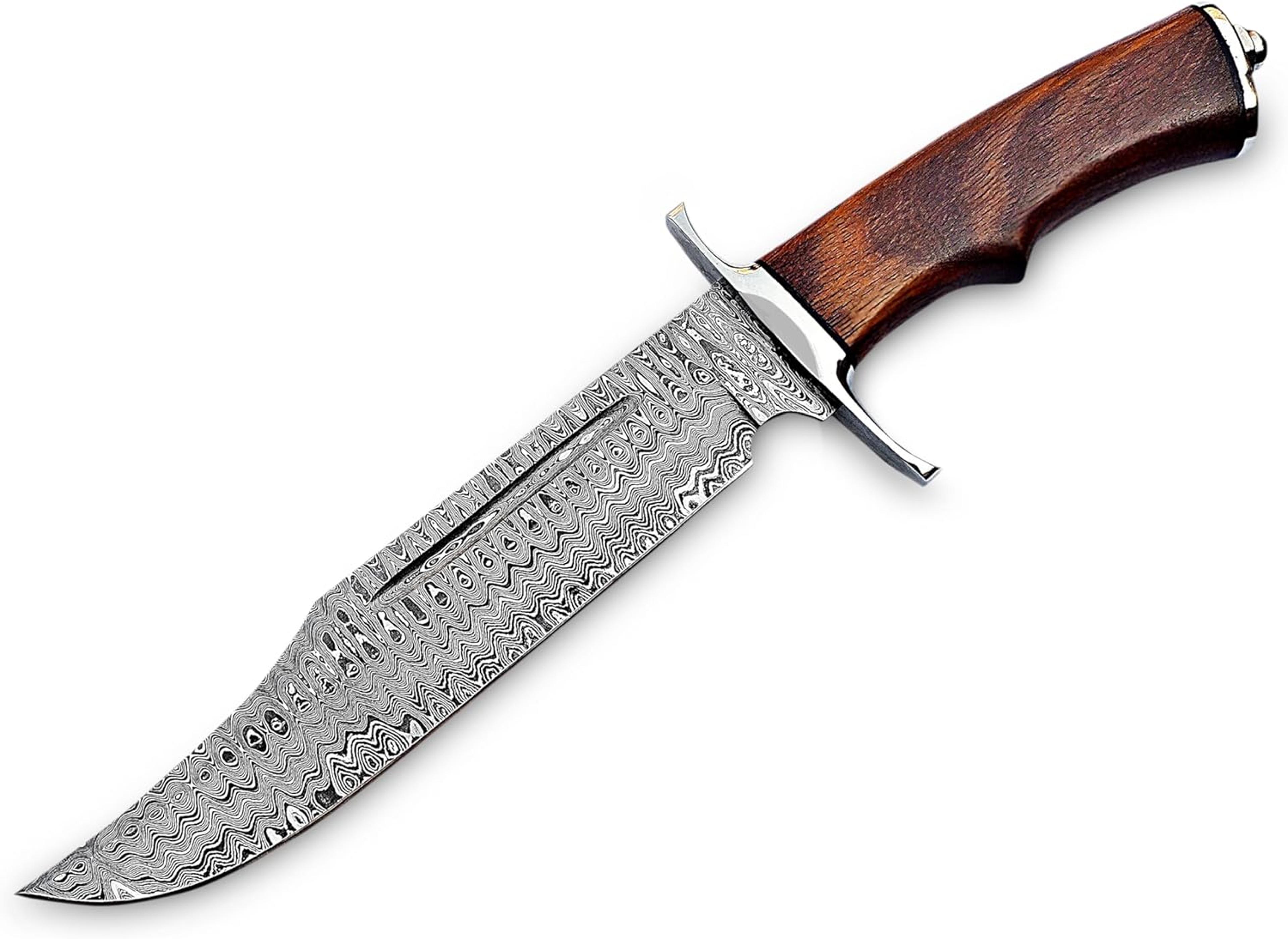 15 inches bowie knife damascus steel rose wood handle hunting knife leather sheath