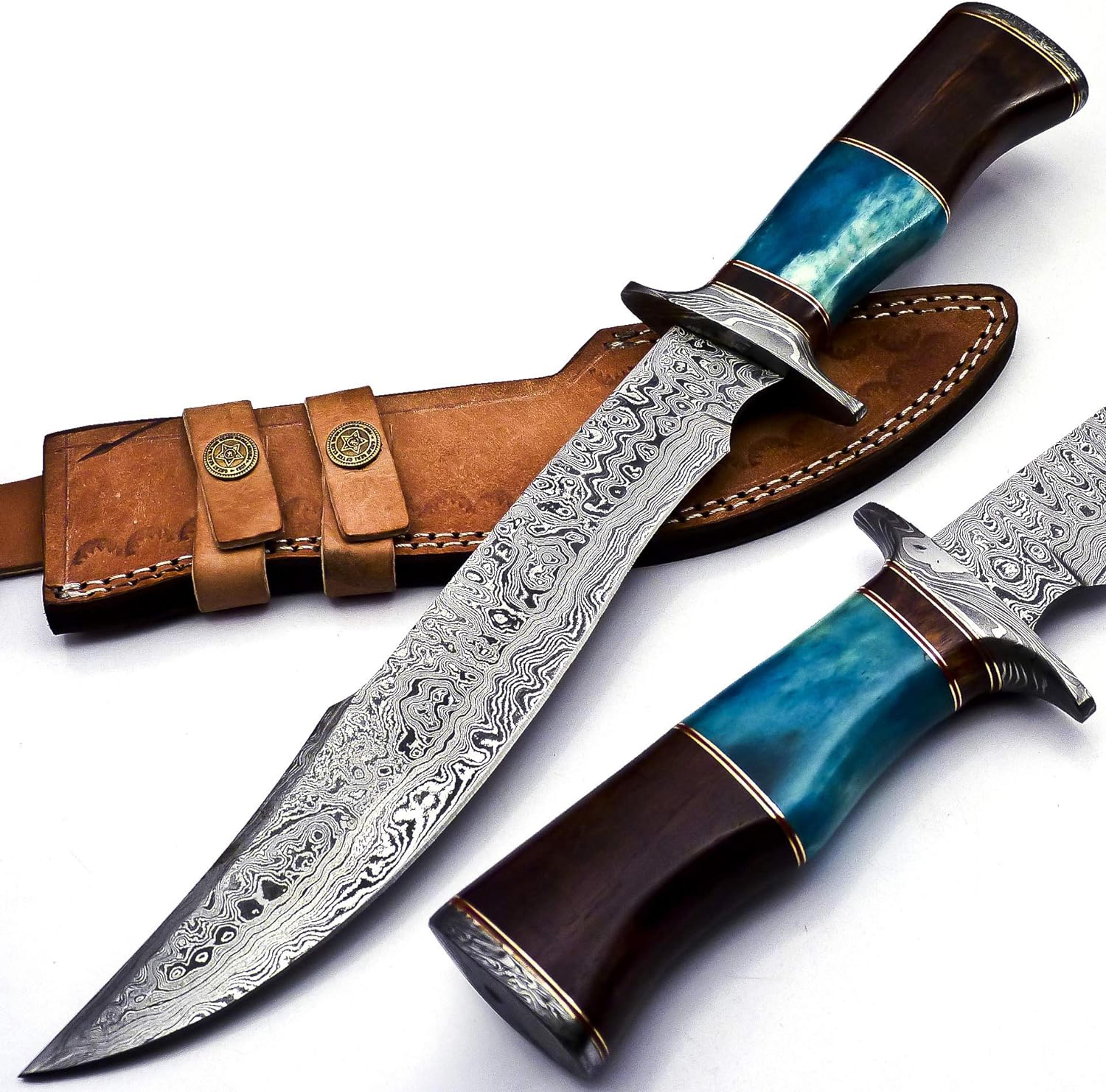 handmade damascus steel 15 inches bowie knife solid marindi wood and bull horn bone handle with leather sheath