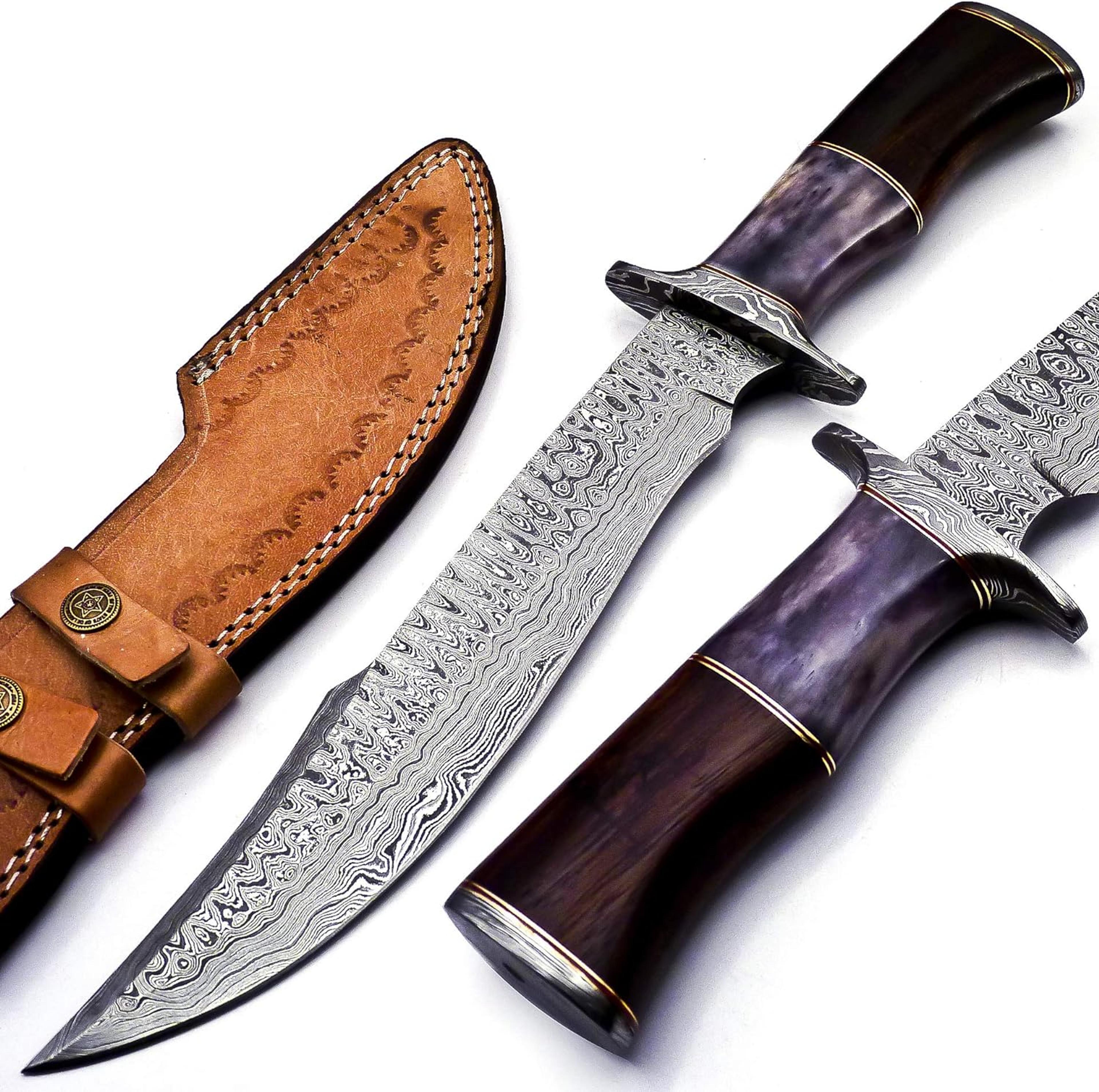 handmade damascus steel fixed blade bowie knife with leather sheath full tang multipurpose knife outdooor camping
