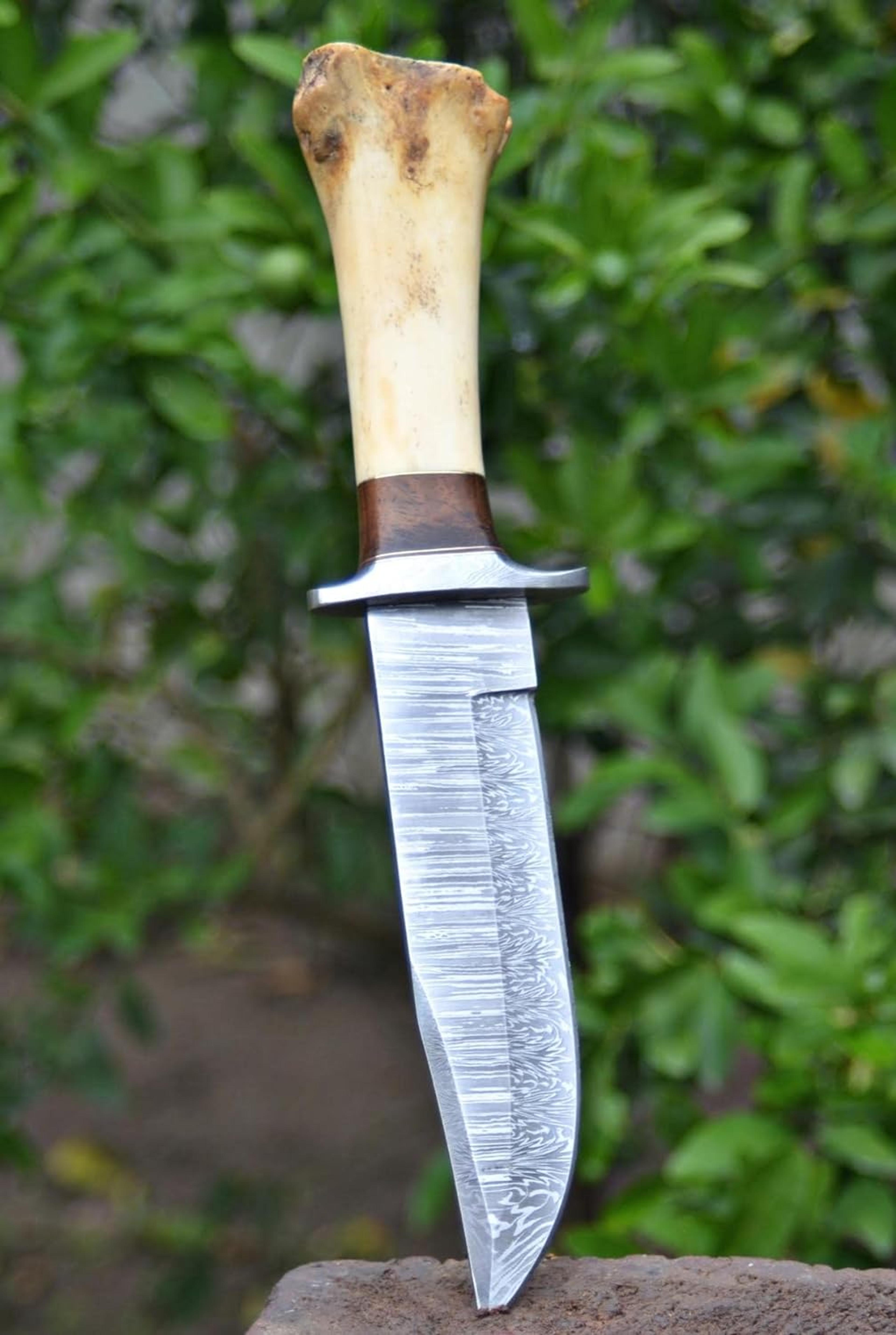 12 inches bowie knife handmade damascus steel hunting knife bone & rose wood handle outdoor camping viking