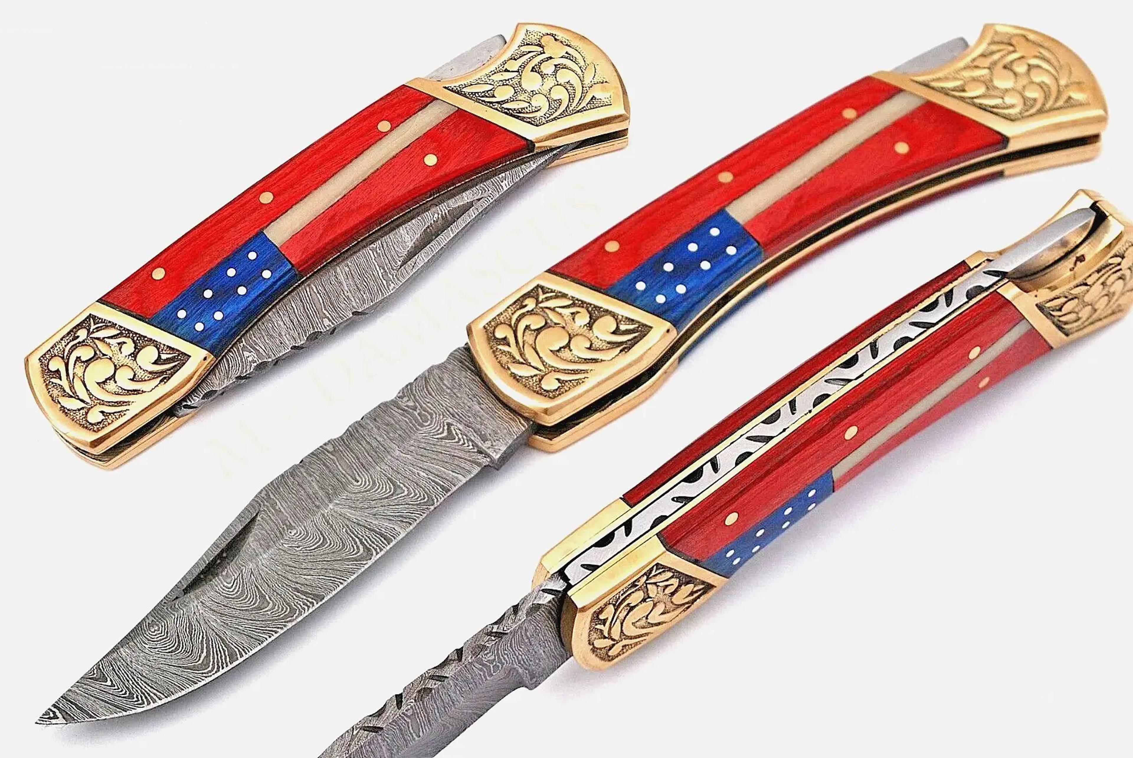 custom handmade forge damascus steel folding pocket knife camping survival