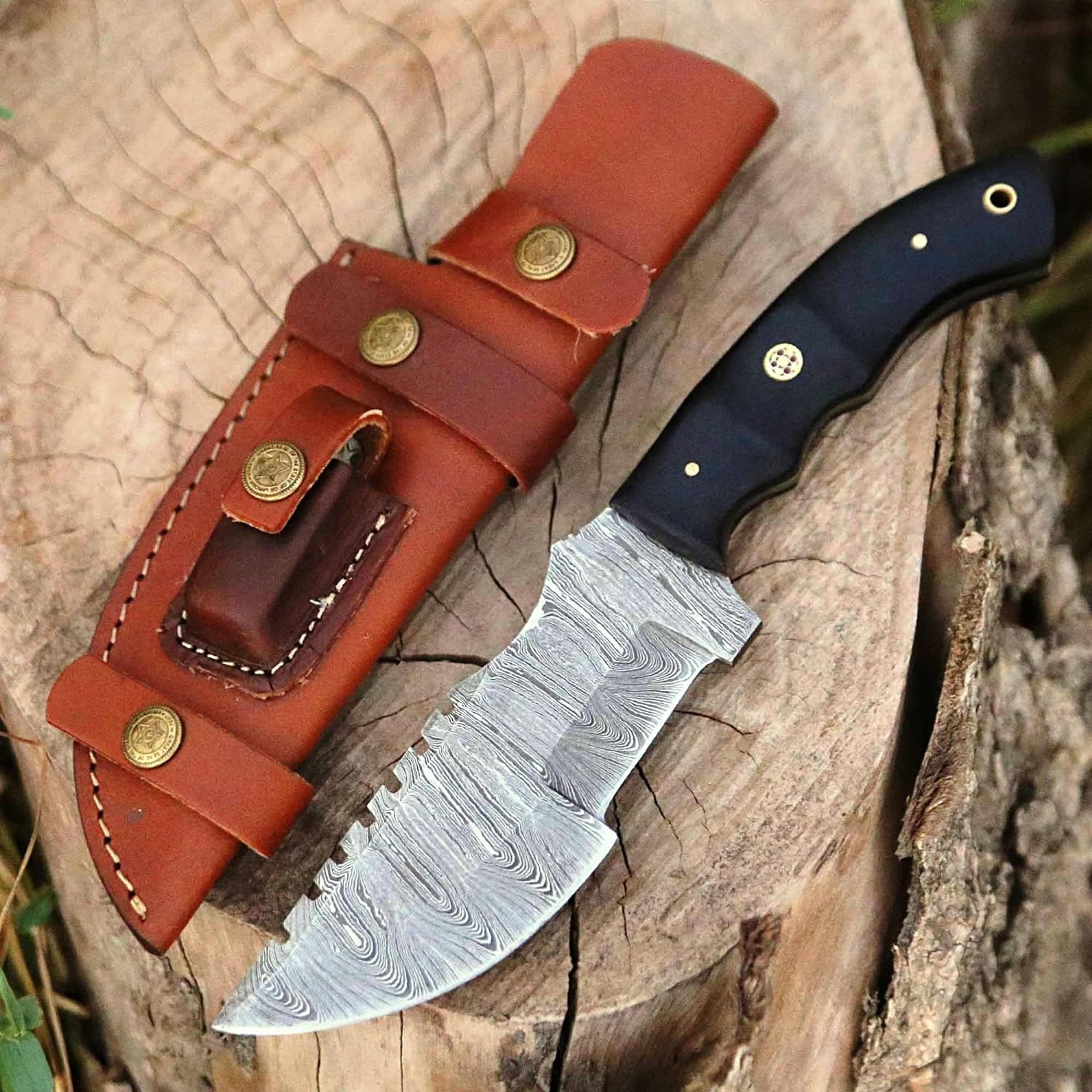 10 inch damascus steel hunting tracker knife with horizontal carry sheath fixed blade survival tactical full tang