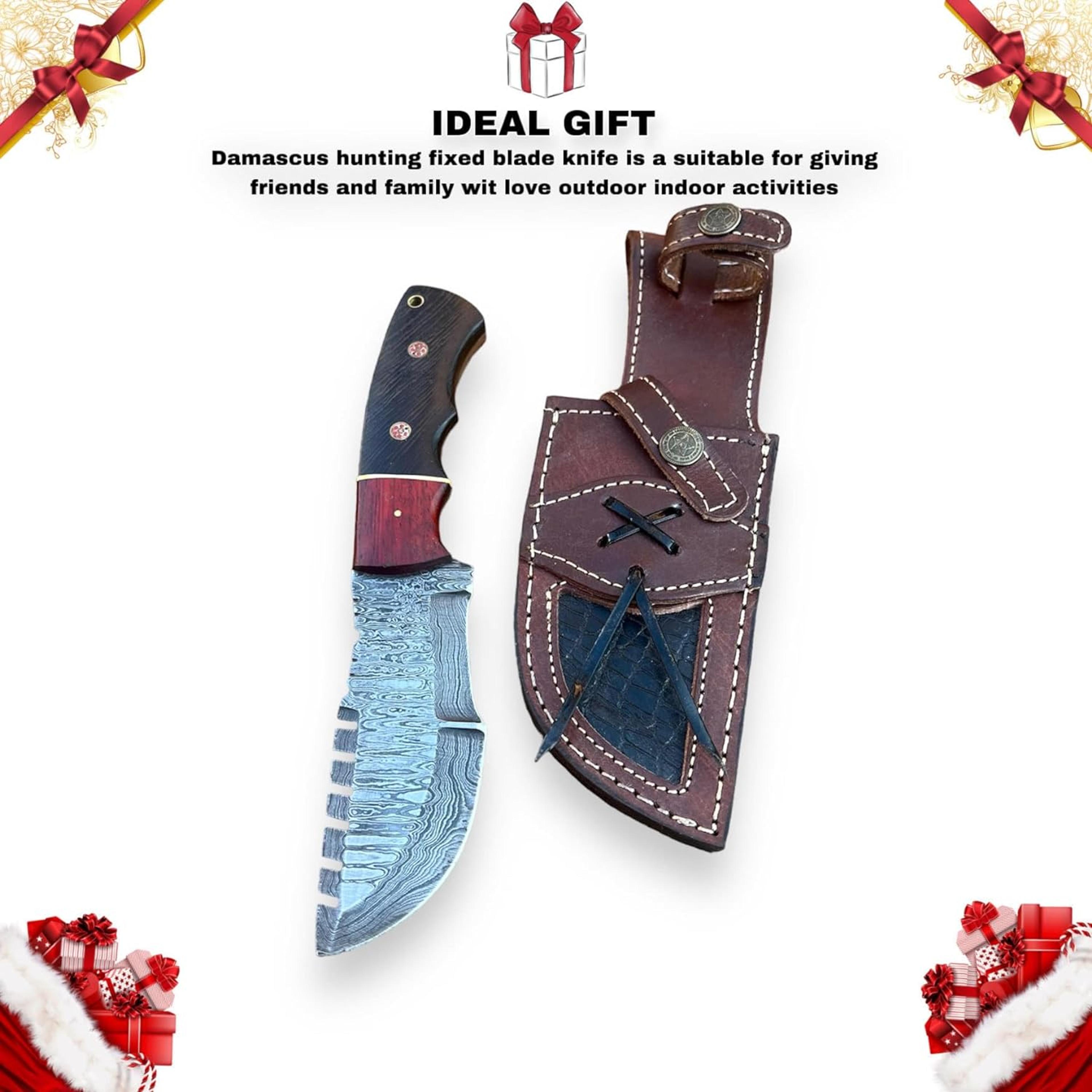 10 inch damascus steel hunting tracker knife with horizontal carry sheath fixed blade camping tactical full tang knife