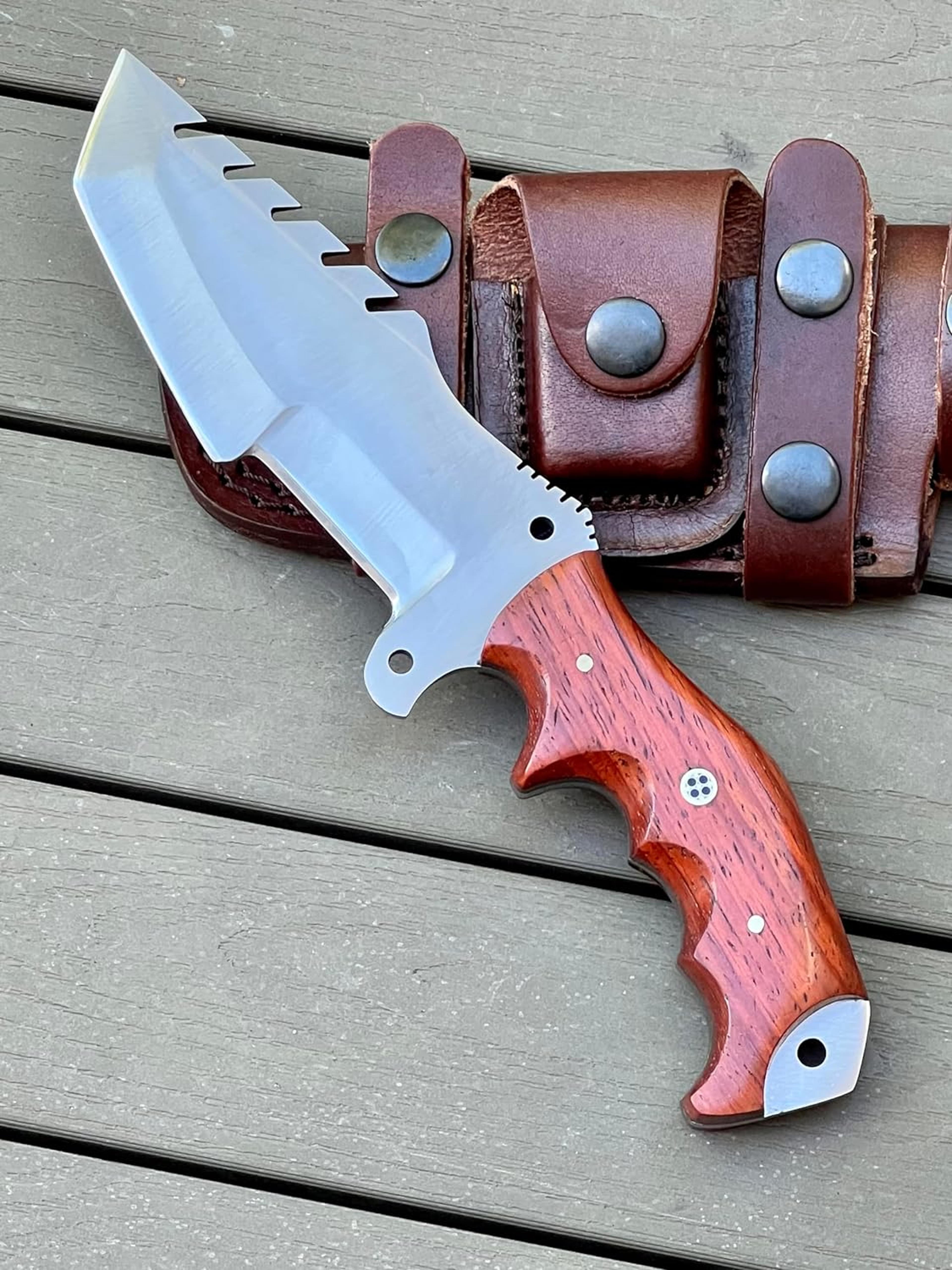 damascus hunting tracker knife with horizontal carry camel sheath fixed blade camping padauk handmade