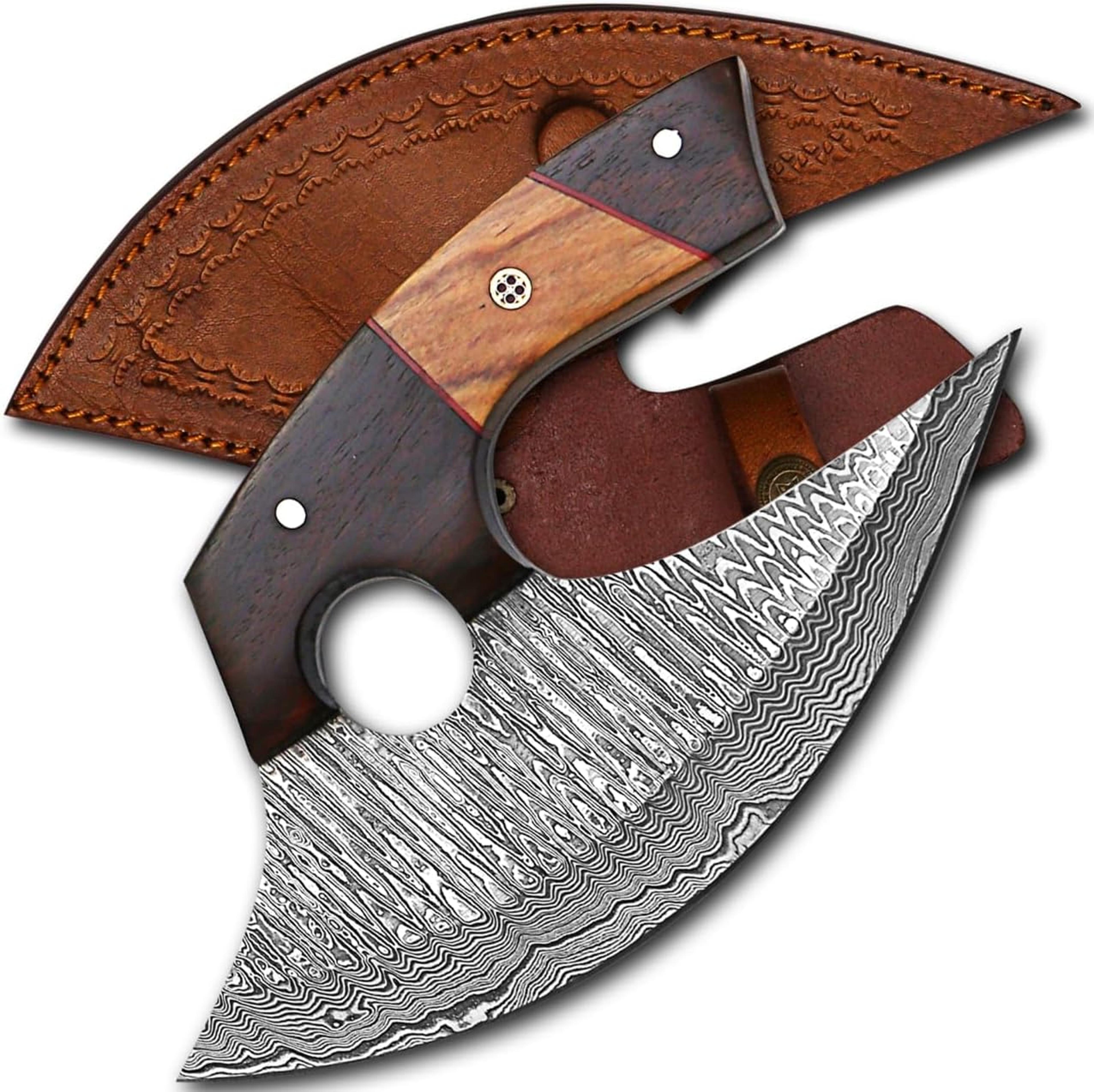 7 inches damascus ulu knife with leather sheath handmade pizza cutter with non-slip handle alaskan ulu mincing