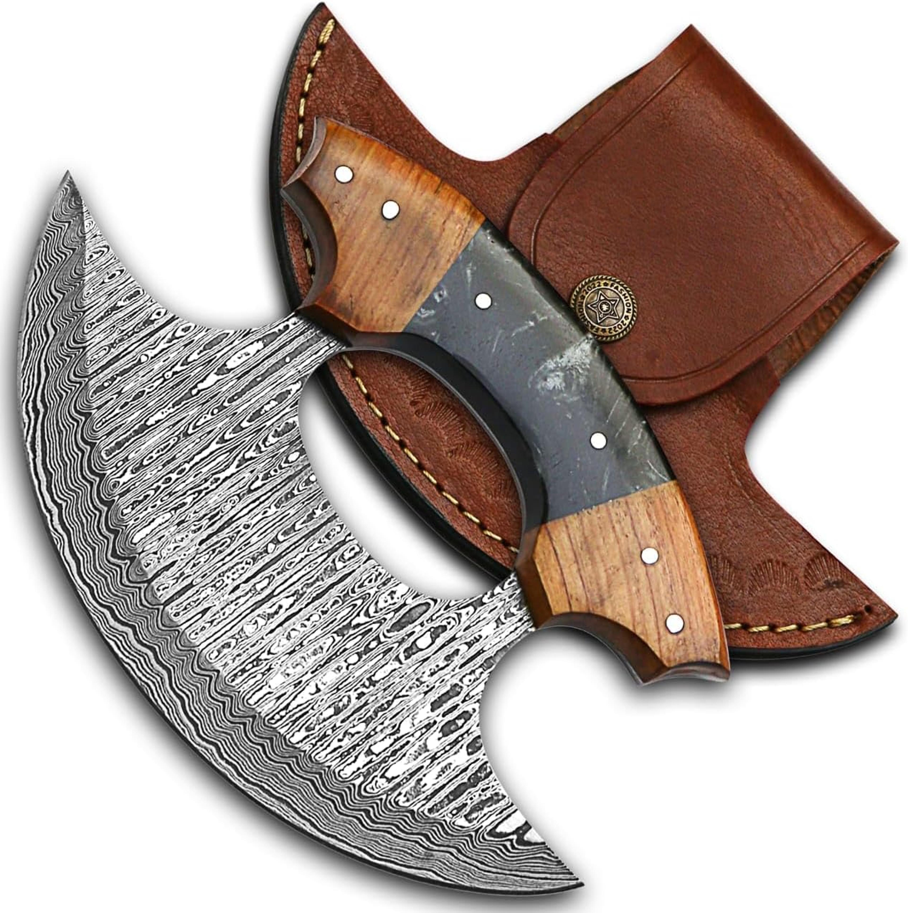 5 inches damascus ulu knife cow leather sheath handmade pizza cutter with non-slip handle alaskan ulu rocker