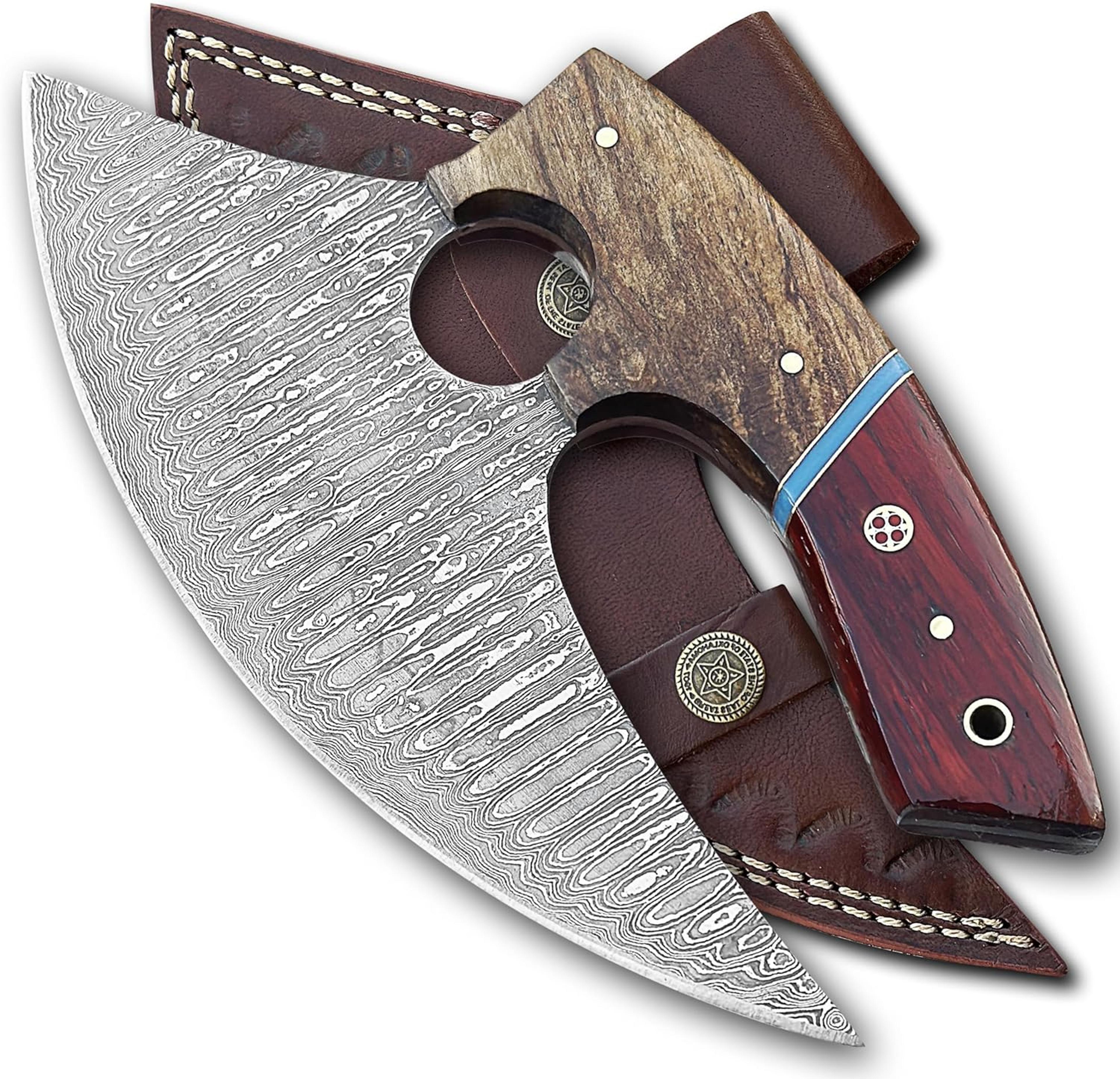 5 inches damascus ulu knife cow leather sheath handmade pizza cutter with non-slip handle ideal alaska gifts