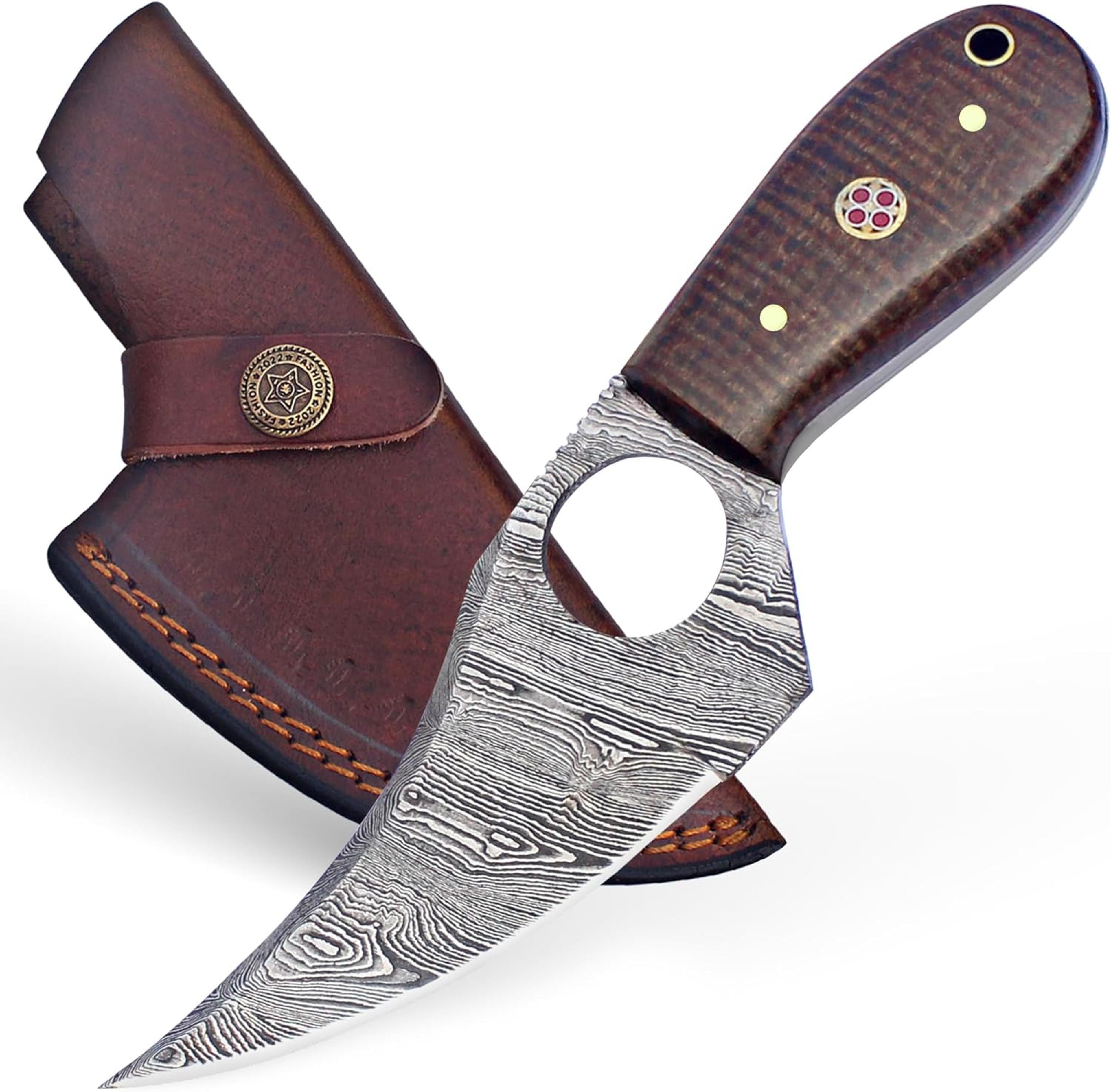 damascus steel hunting knife with sheath, handmade 7" edc fixed blade skinning knife for men outdoor camping
