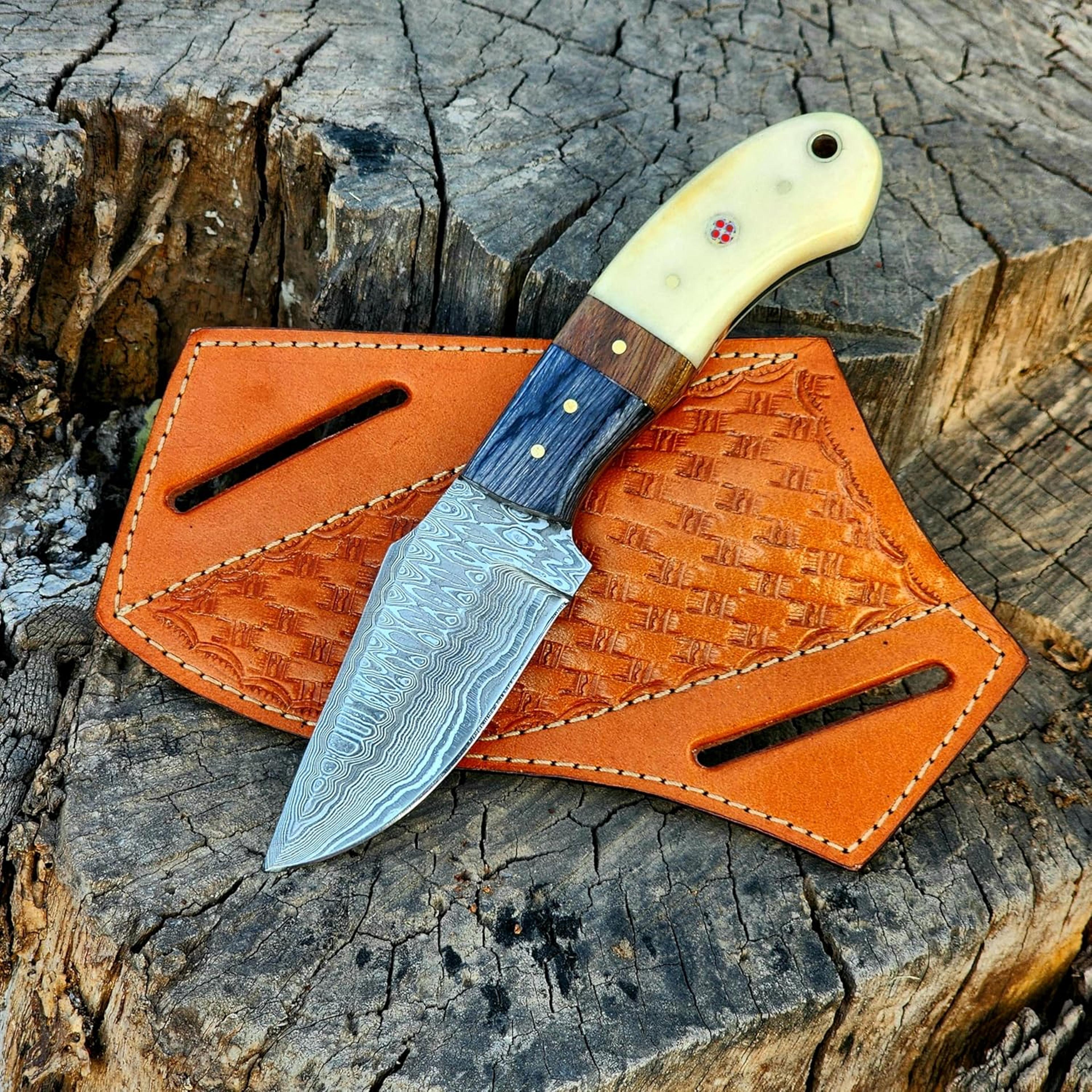 handmade damascus steel hunting knife fixed blade knife bone & rose wood handle bull cutter knife edc camping