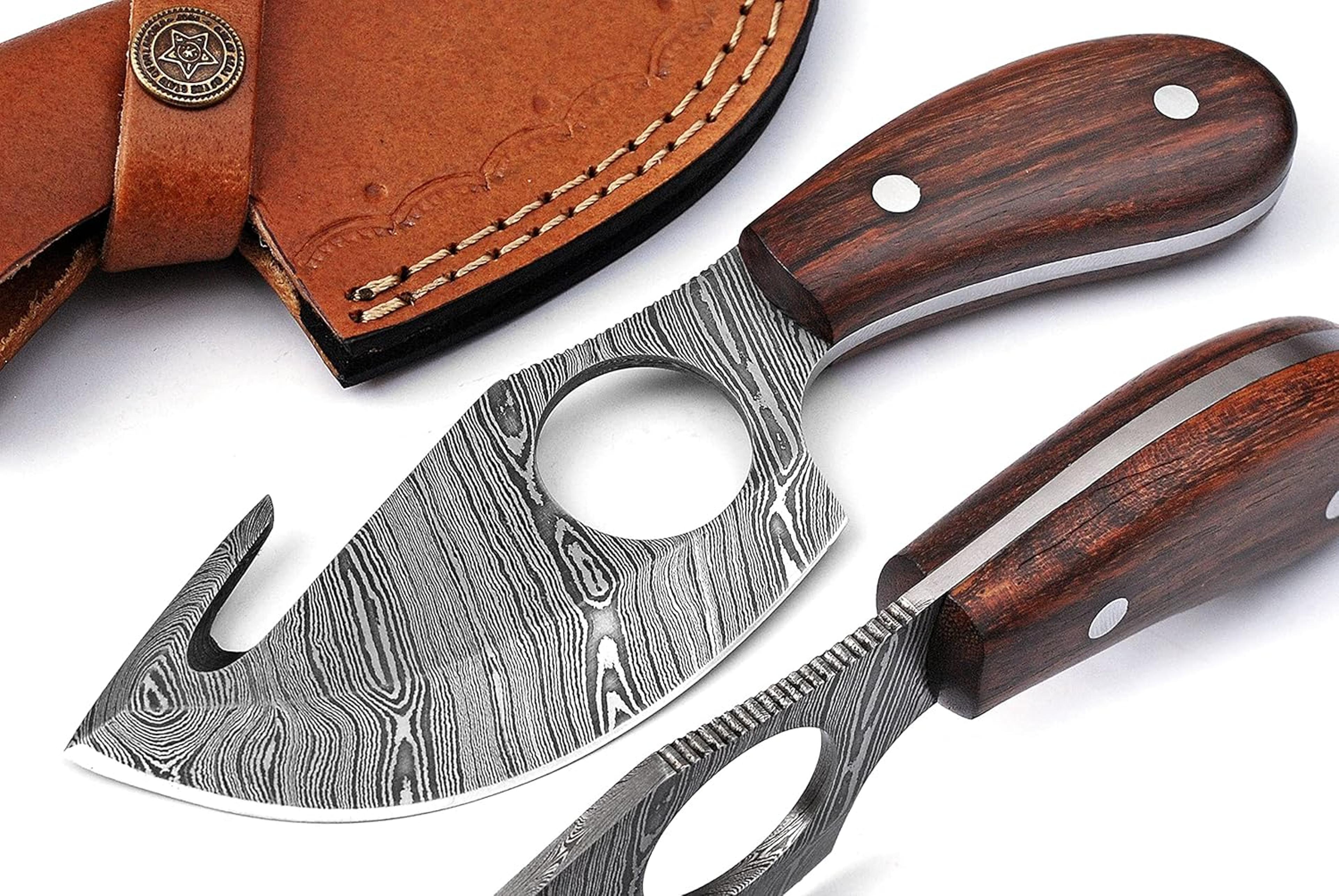 bushcraft handmade damascus steel fixed blade skinning hunting knife with gut hook best for outdoor camping