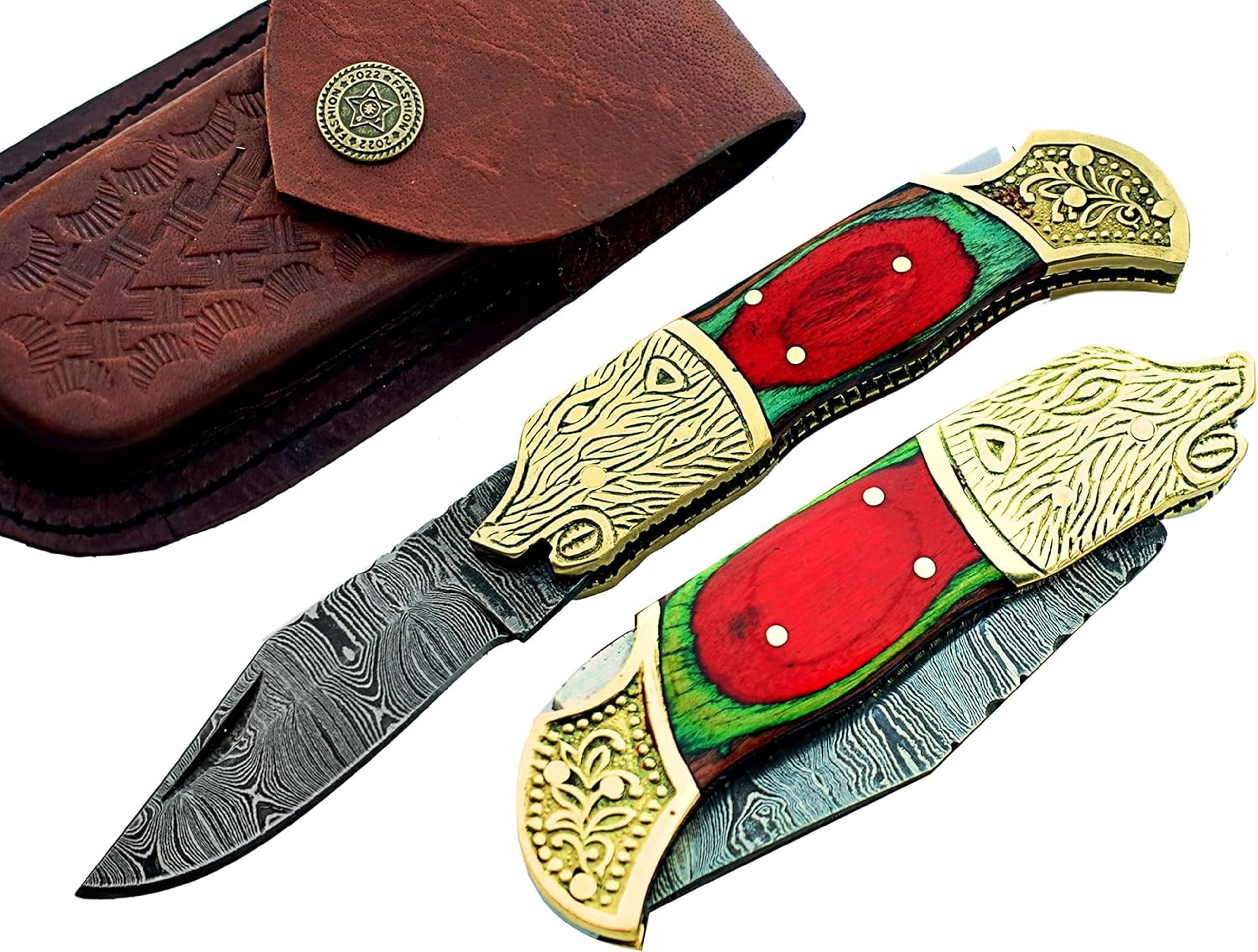 damascus steel pocket knife hand made folding knife outdoor pocket knife for camping hiking back lock with sheath