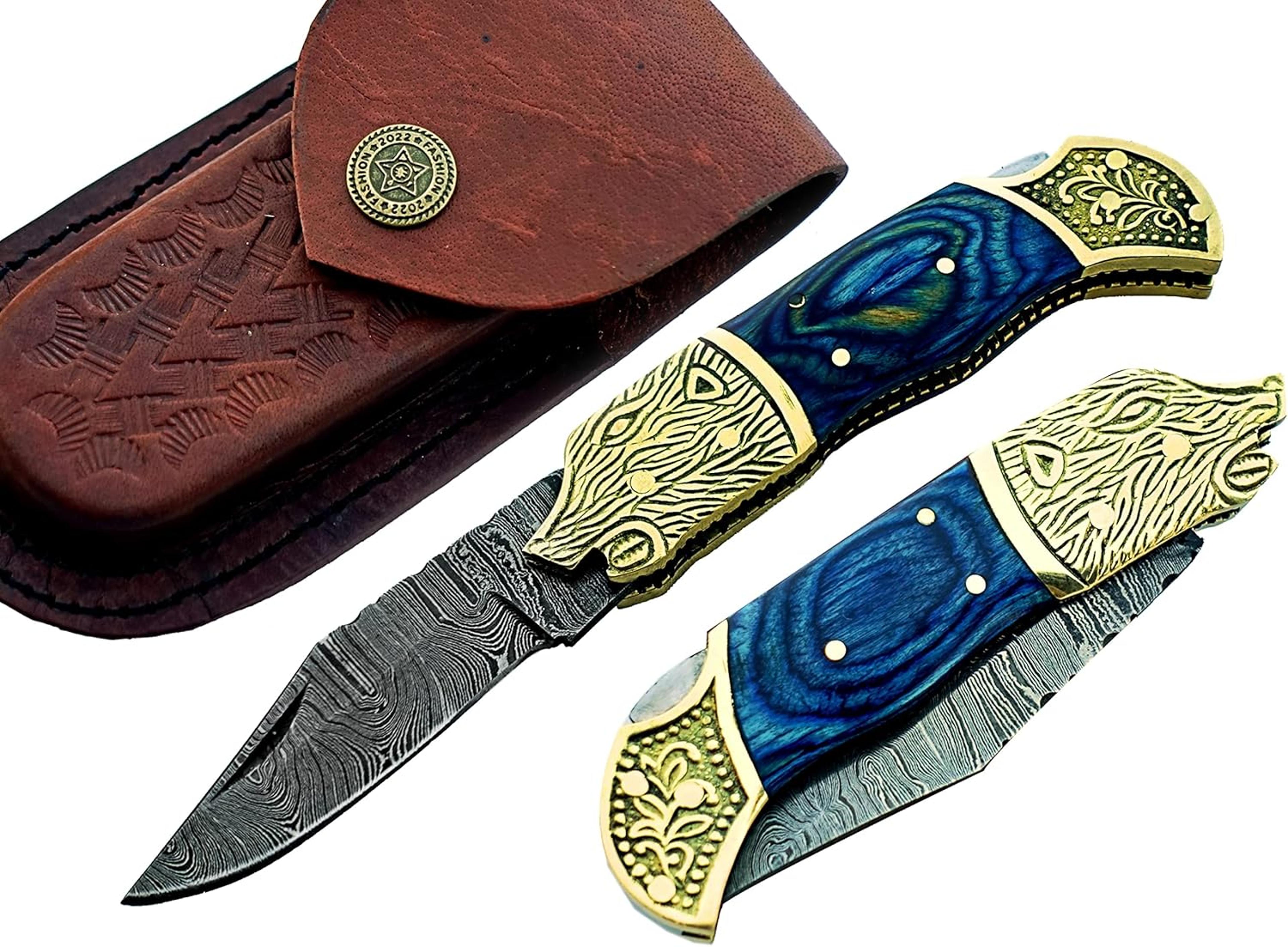 damascus steel folding pocket knife blue small pocket knife for outdoor for camping hiking back lock with sheath