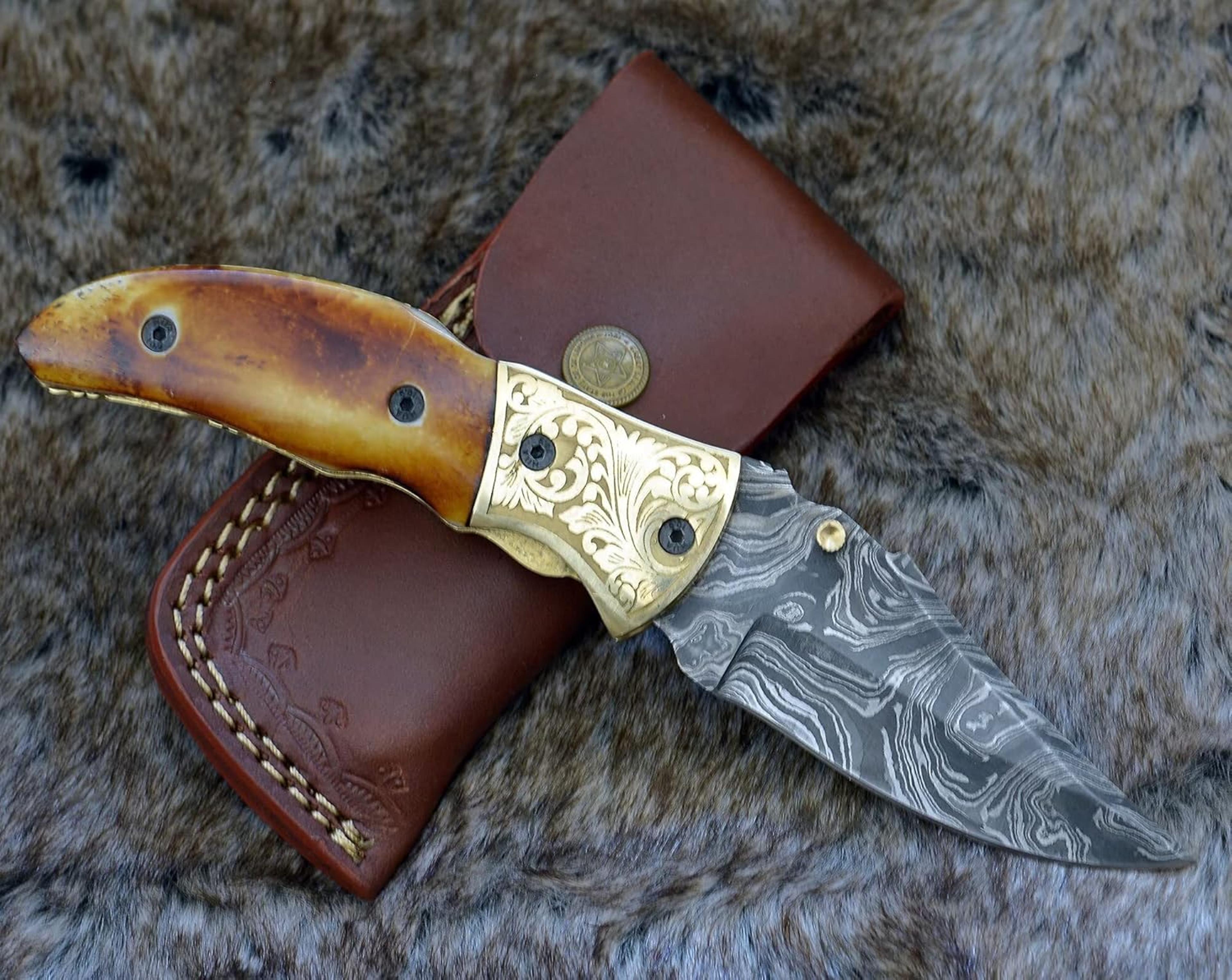 pocket knives & folding knives for men & women personalized engraved high carbon steel damascus blade (burn bone)