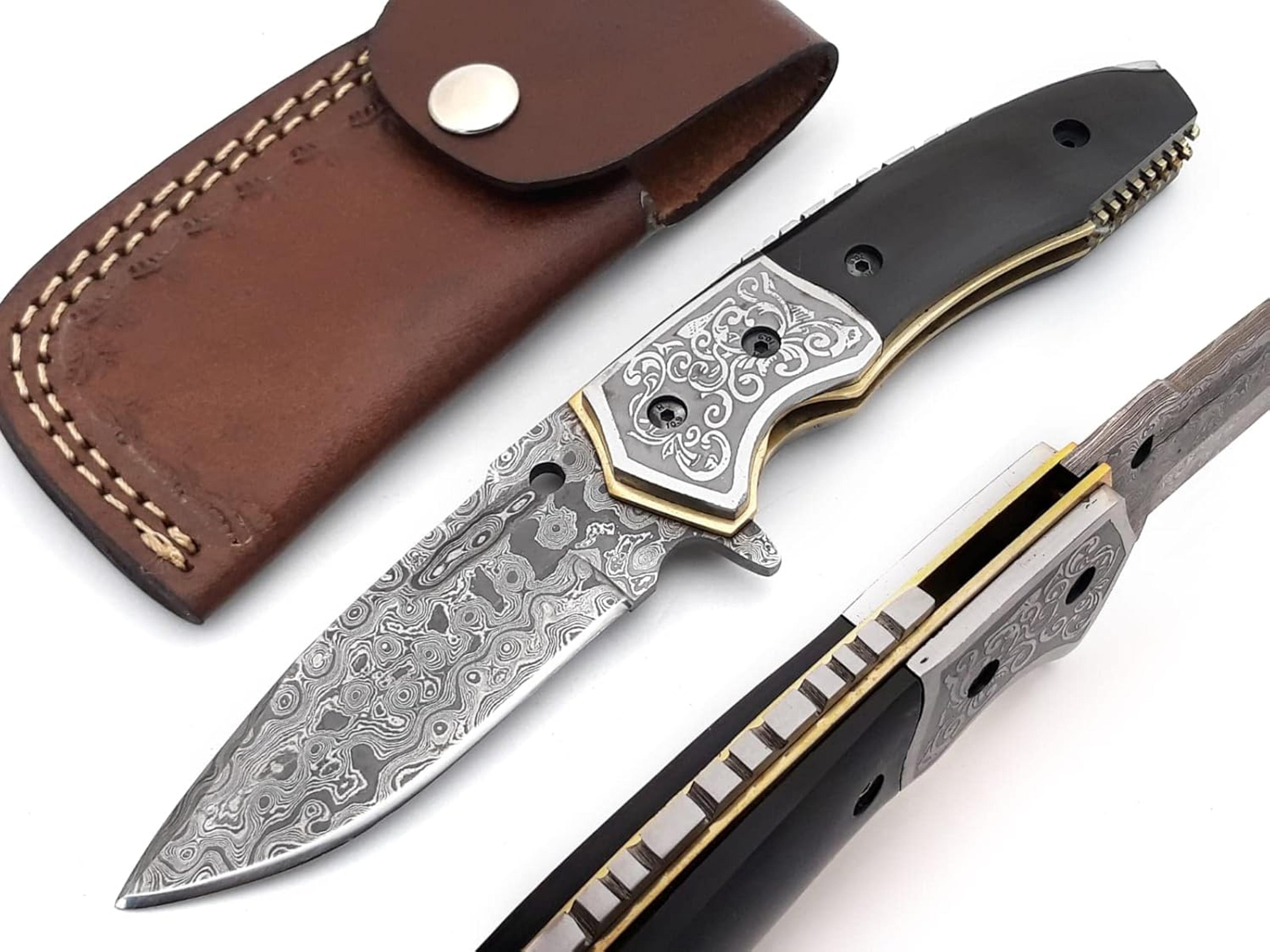 pocket knives & folding knives for men & women personalized engraved high carbon steel damascus blade (black horn)