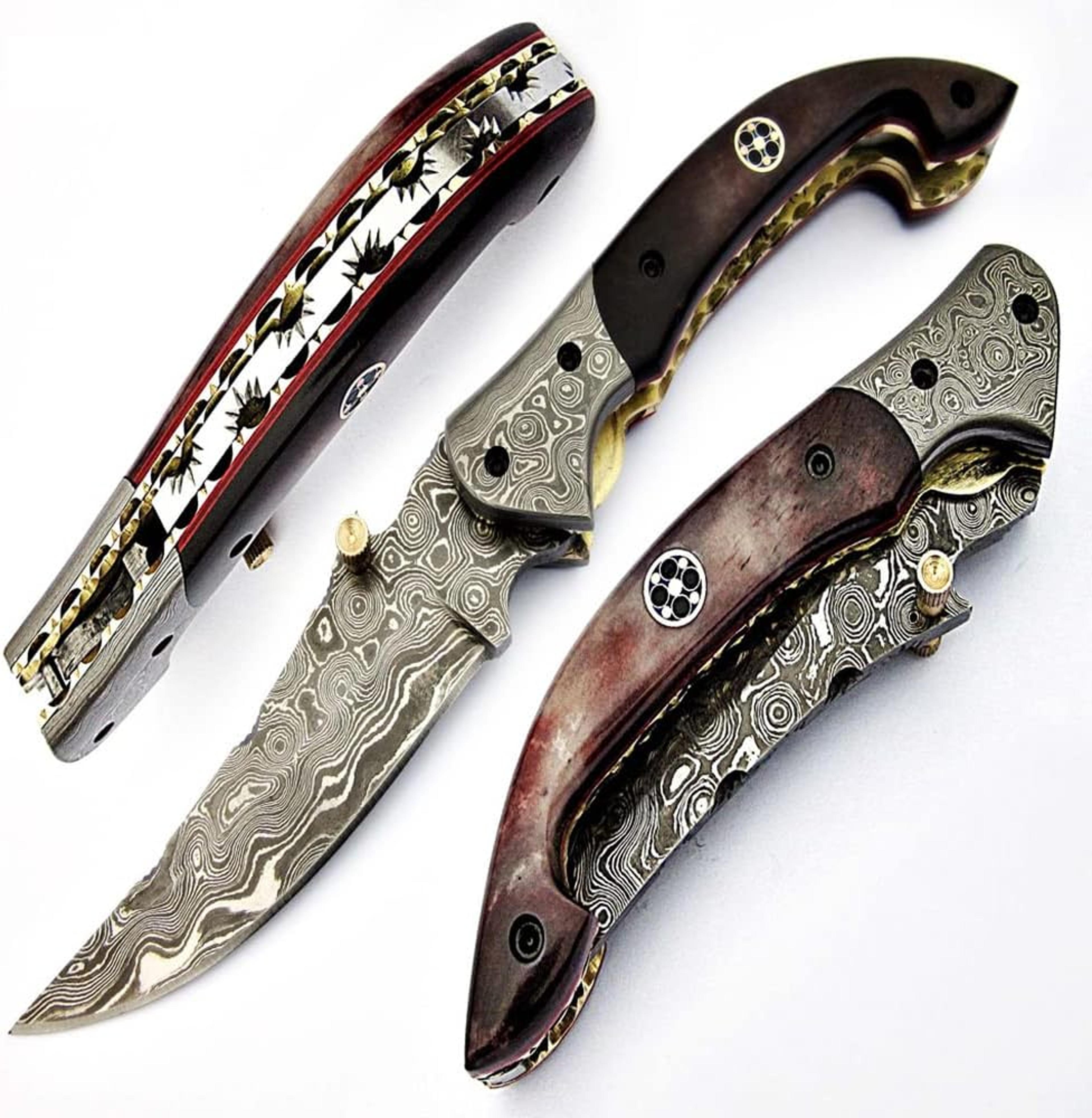 pocket knives & folding knives for men & women personalized high carbon steel damascus blade (color bone)