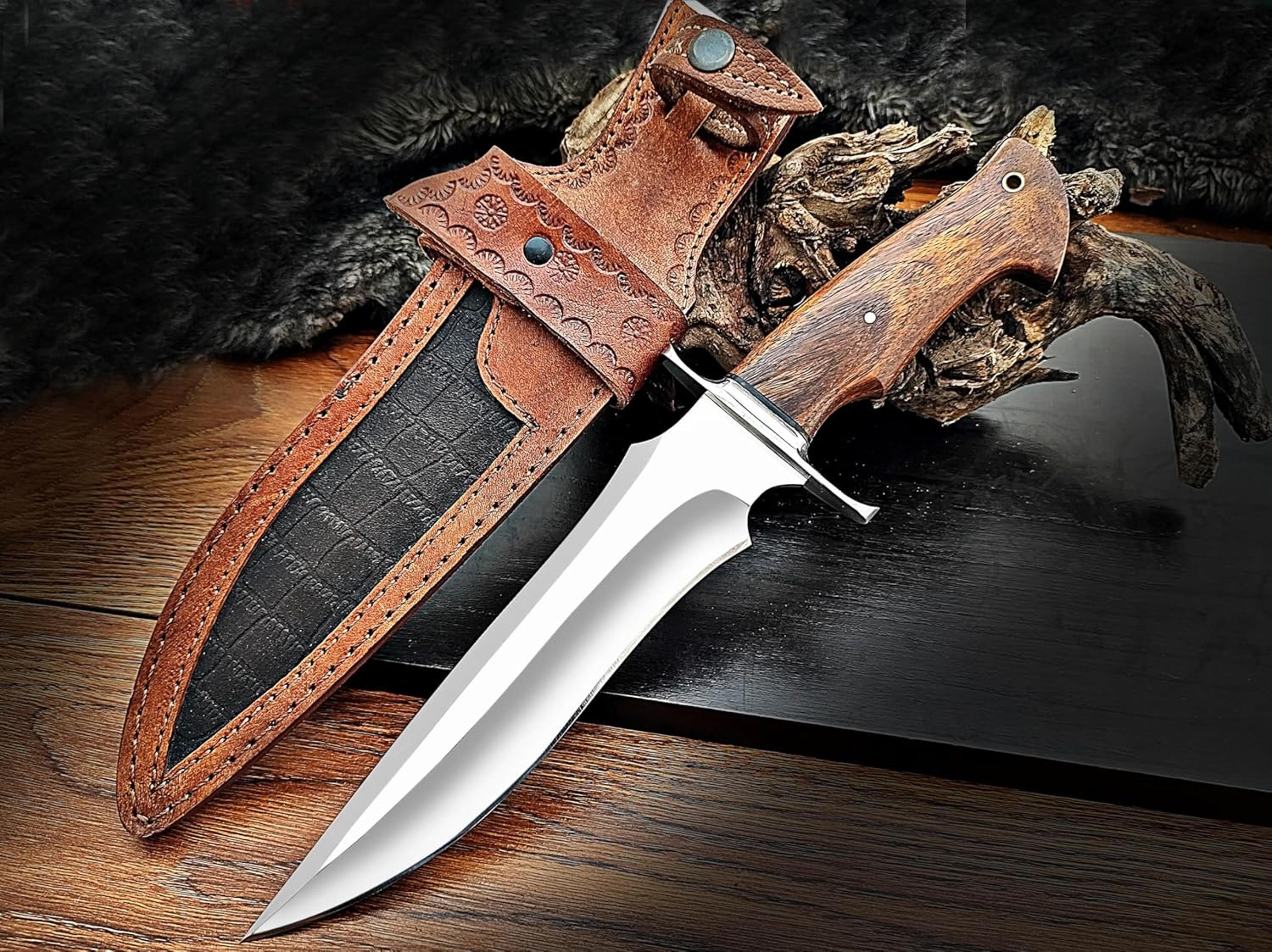 custom handmade 13.5 inches bowie knife fixed blade with leather sheath for outdoor survival camping rose wood