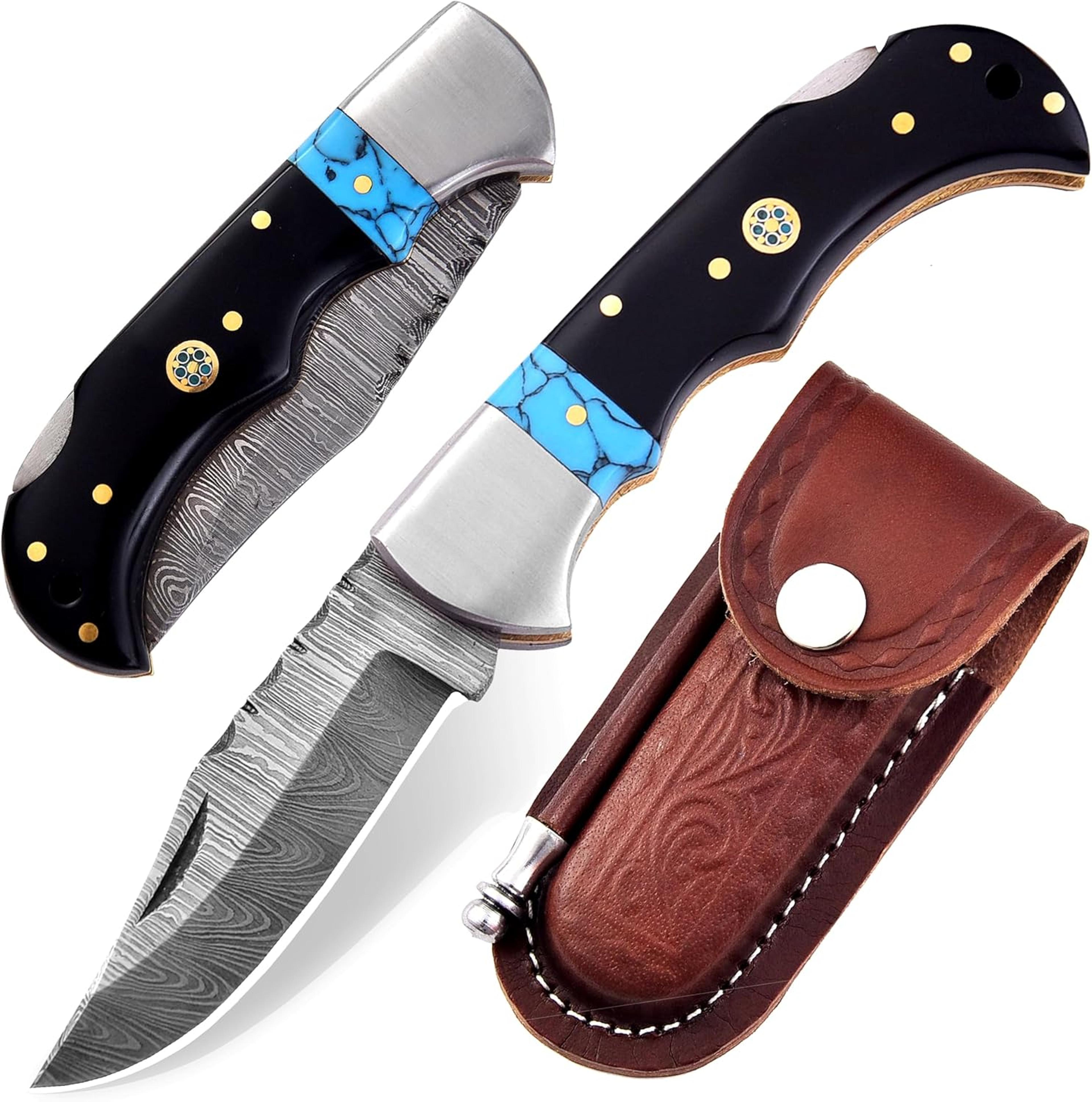 damascus folding pocket knife for men deal for camping, outdoor, hiking with sheath ideal for edc black horn