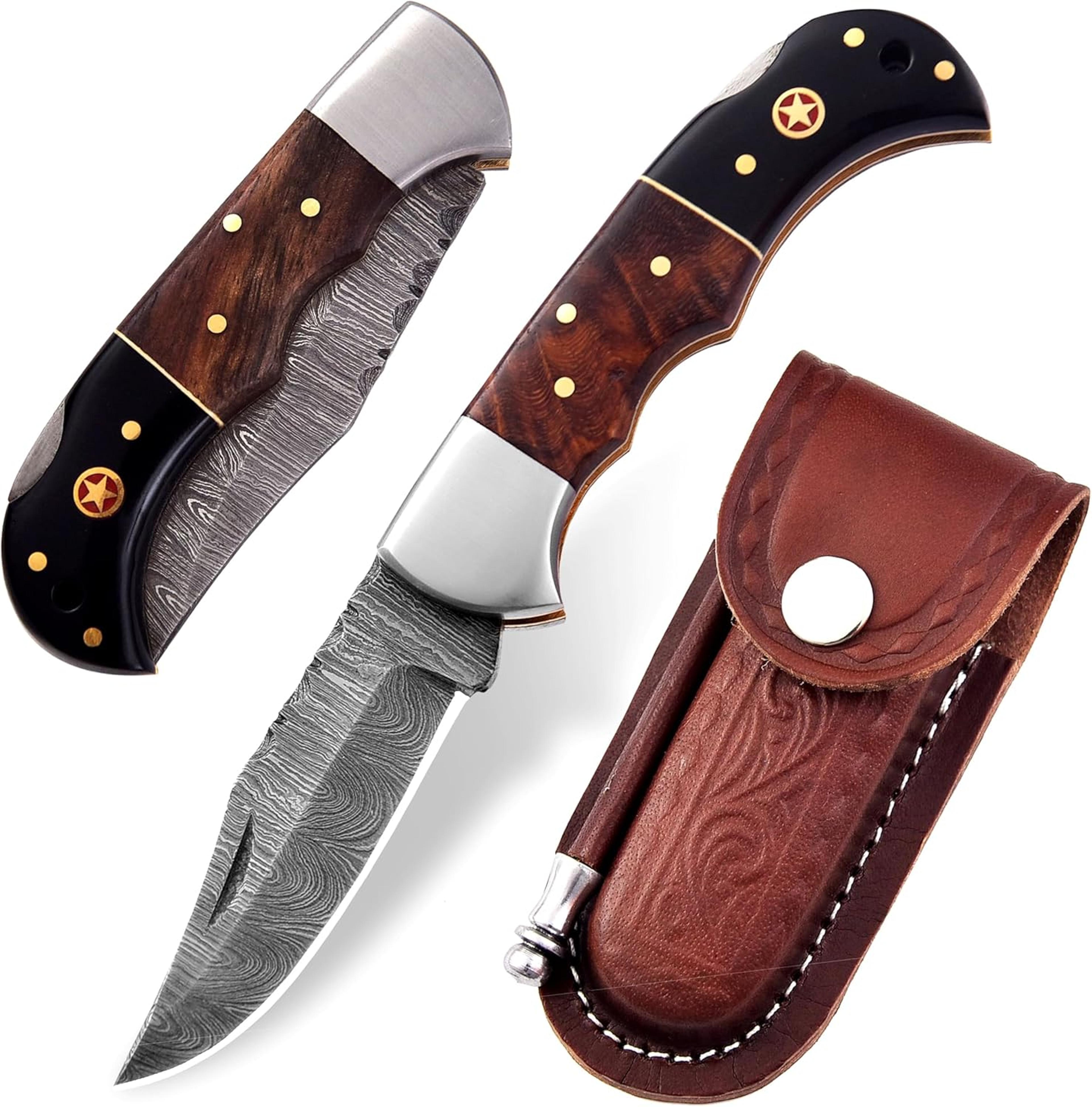 damascus steel folding pocket knife for men deal for camping, outdoor, hiking with sheath ideal for edc