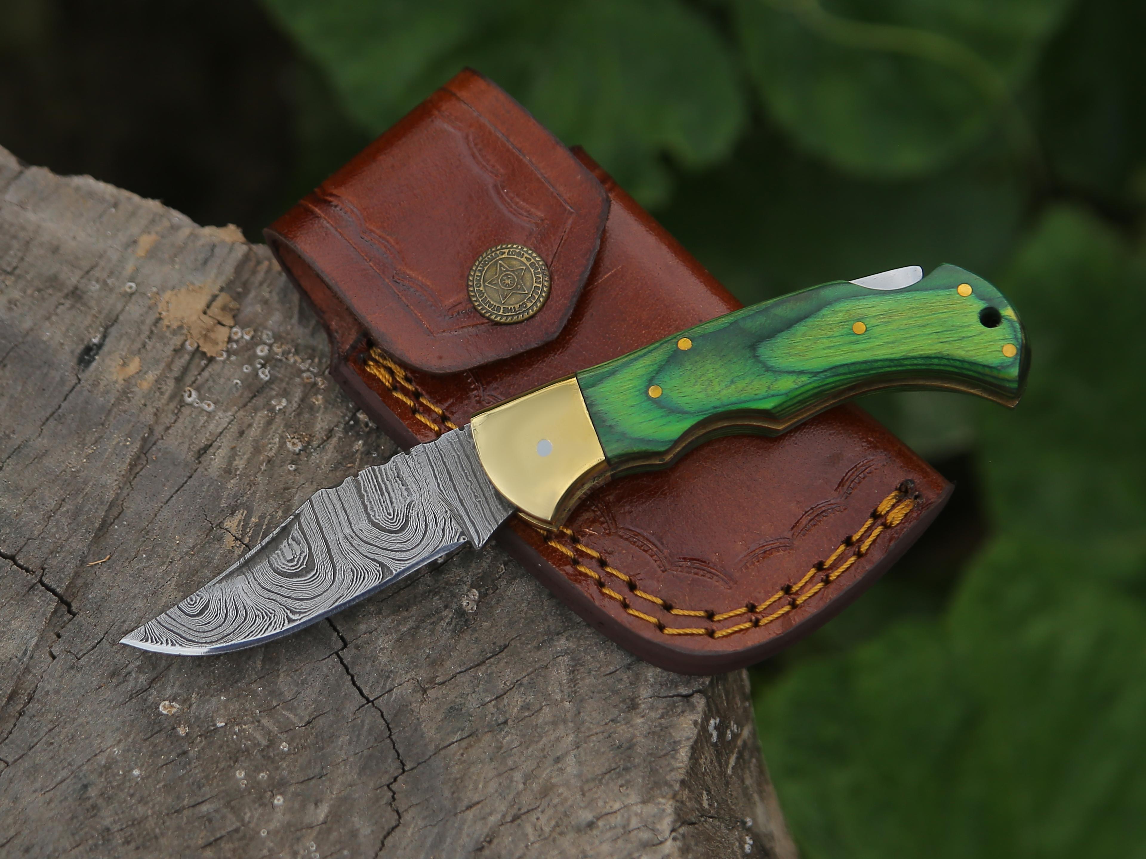 damascus folding pocket knife for men deal for camping, outdoor, hiking with sheath ideal for edc (green wood)