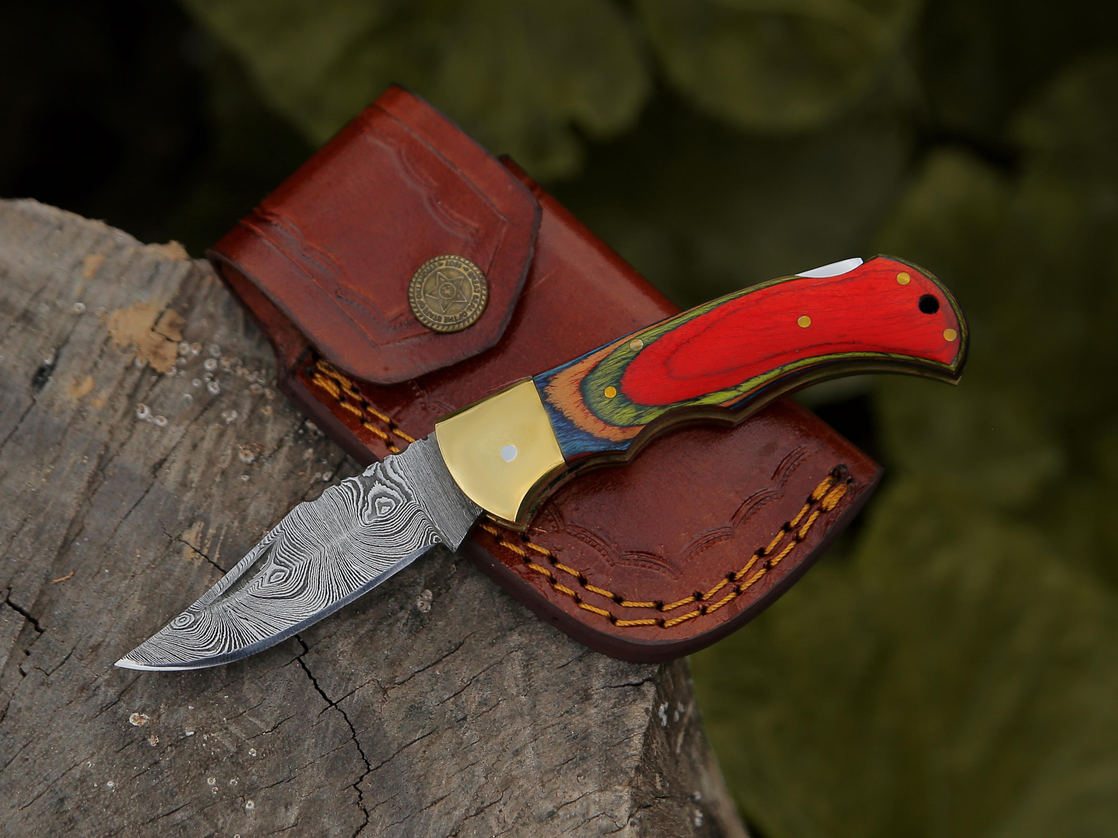 damascus folding pocket knife for men deal for camping, outdoor, hiking with sheath ideal for edc (multi wood)