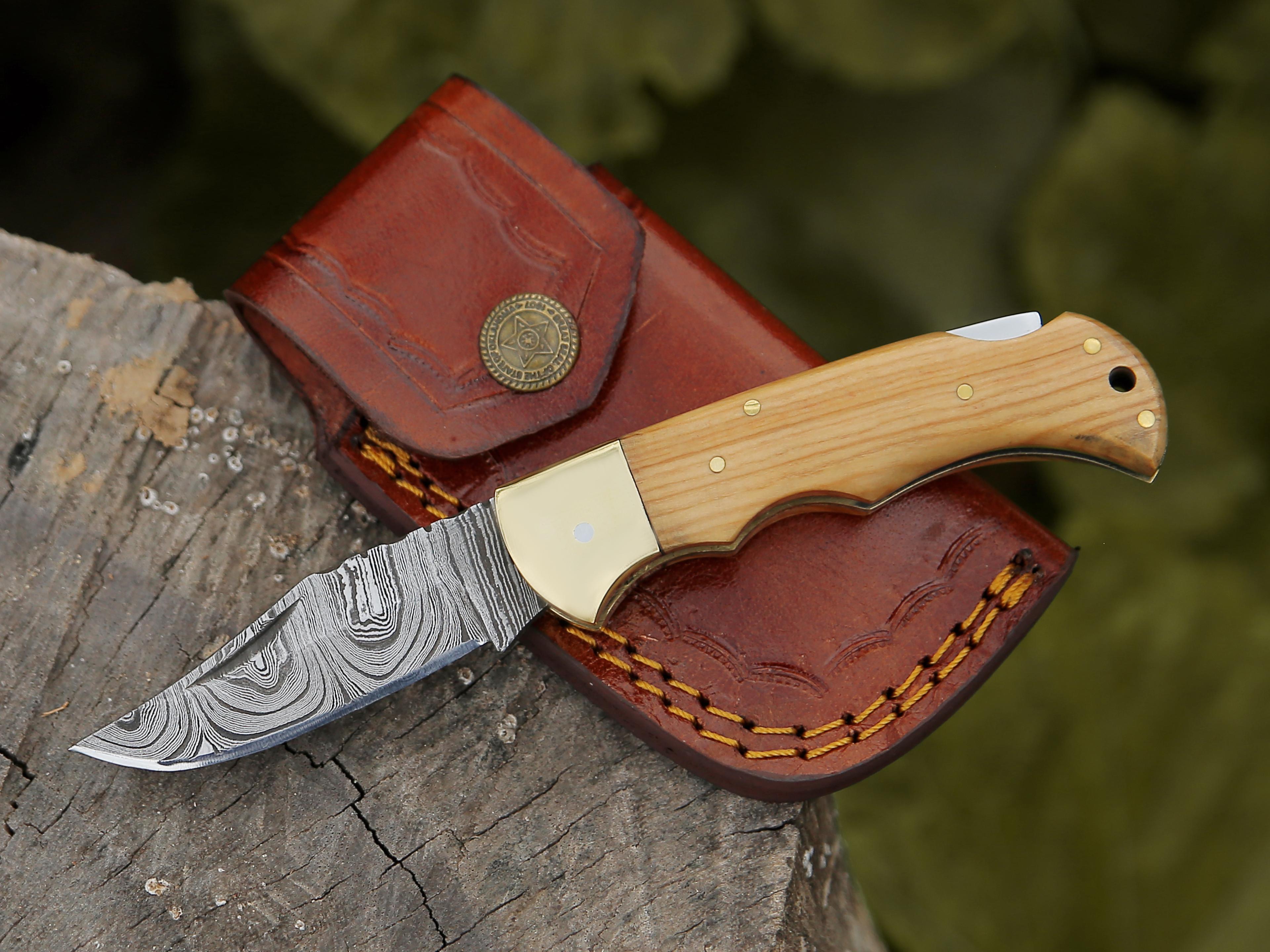 damascus folding pocket knife for men deal for camping, outdoor, hiking with sheath ideal for edc (olive wood)