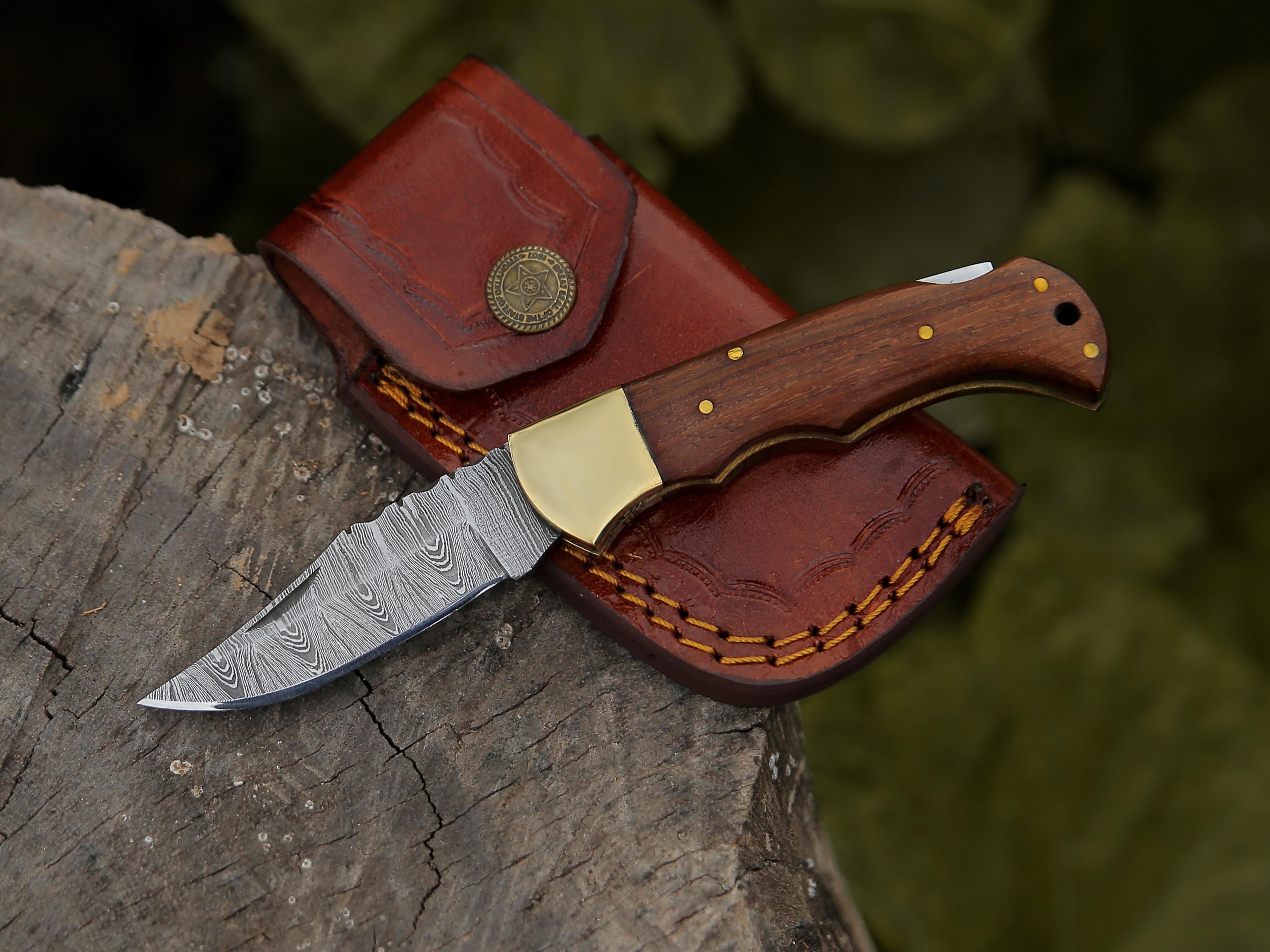 damascus folding pocket knife for men deal for camping, outdoor, hiking with sheath ideal for edc (rose wood)