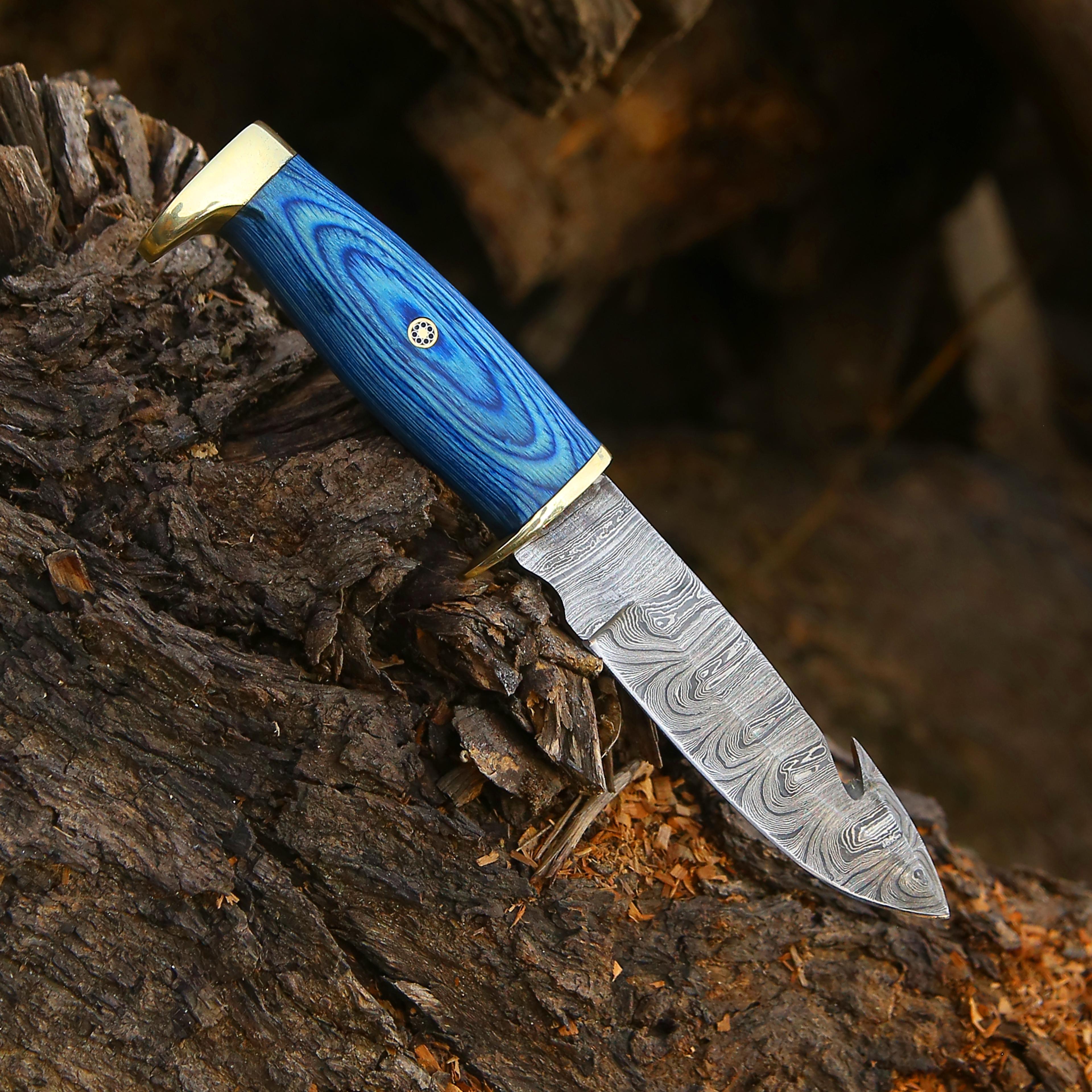 handmade damascus steel fixed blade skinning hunting knife with gut hook best for outdoor camping (blue wood)