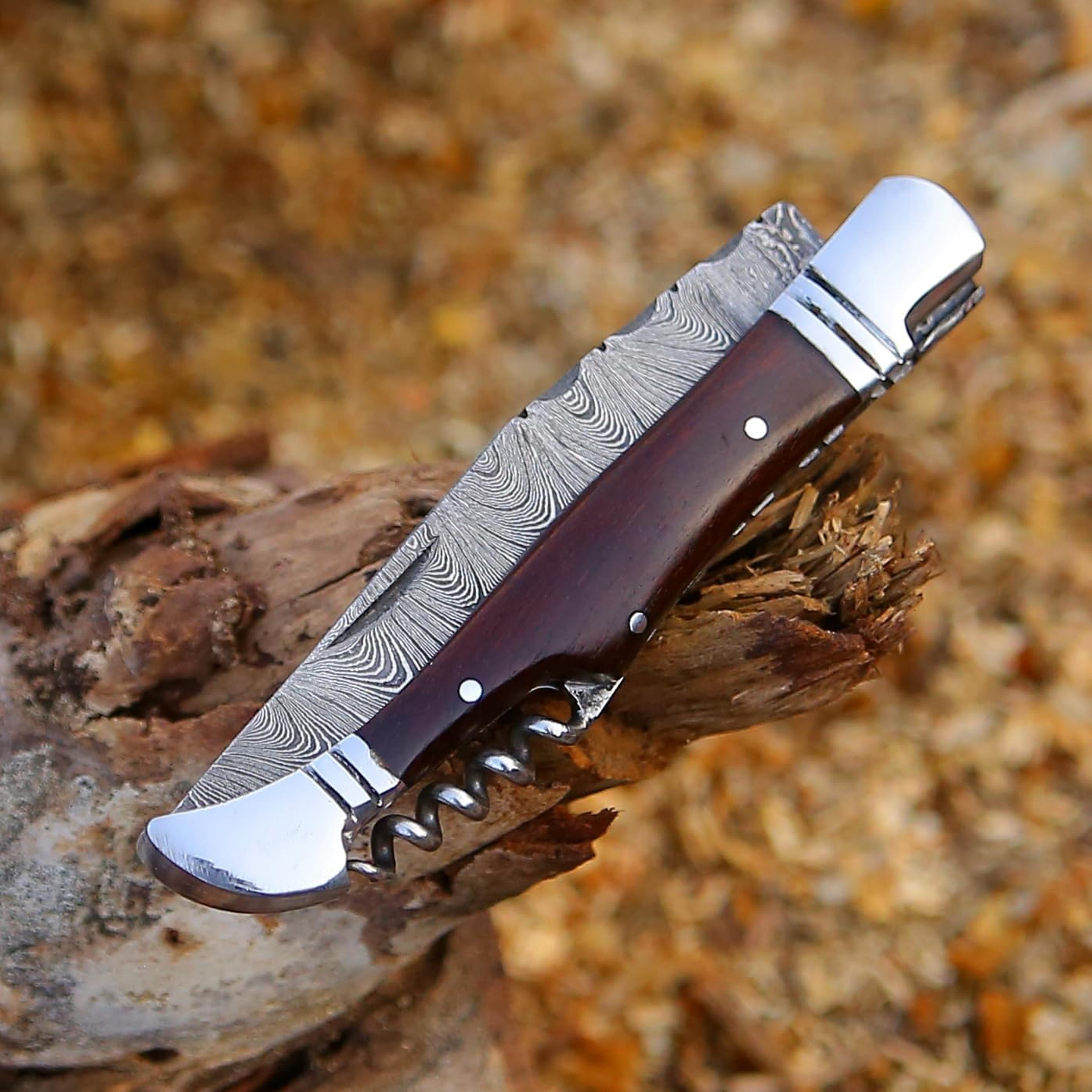 damascus pocket folding knife with sheath laguiole lightweight multi-tool for camping, outdoor, hunting, survival, edc