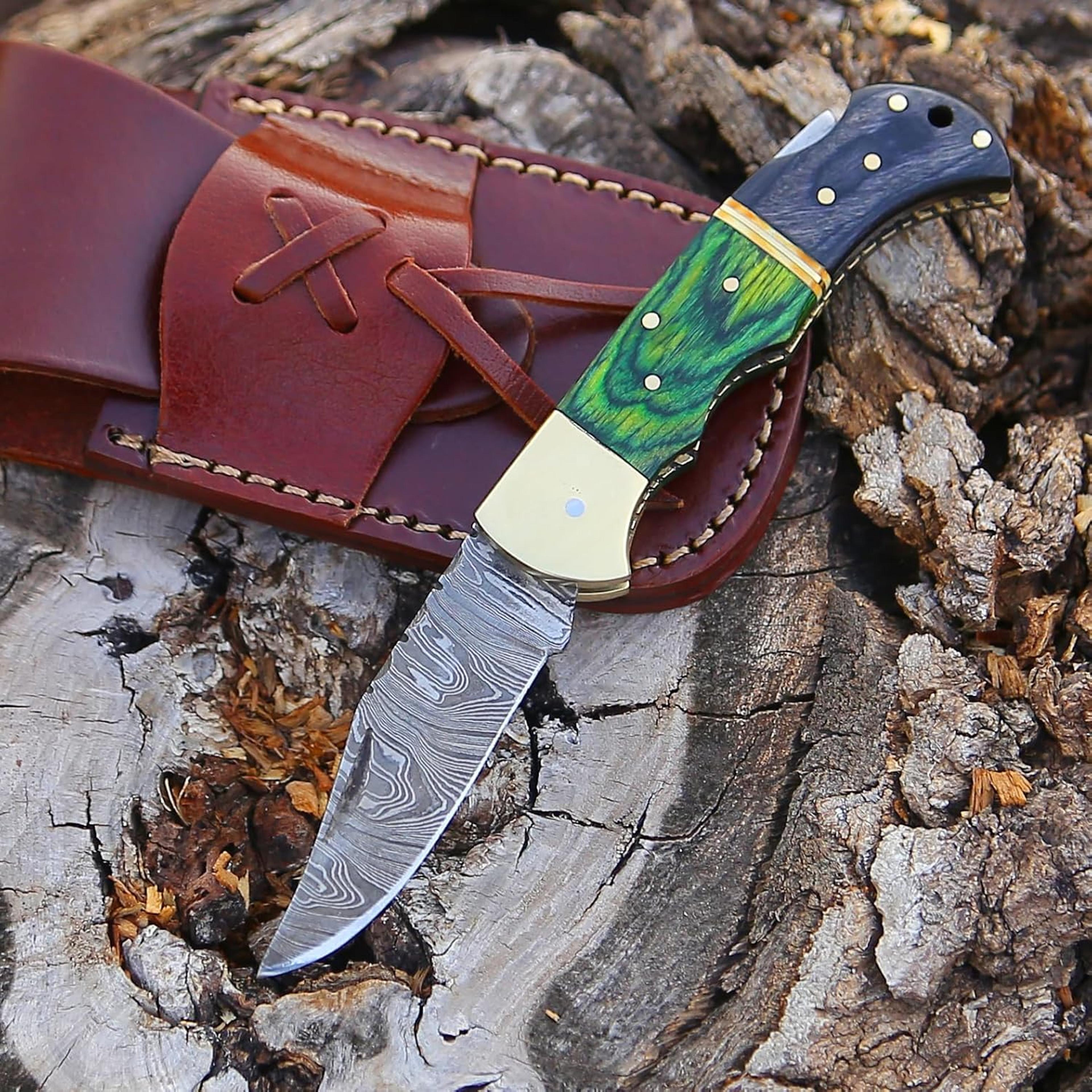 6.5 inch damascus pocket knife with sheath, handmade folding pocket knife for men, black-red wooden handle survival, edc
