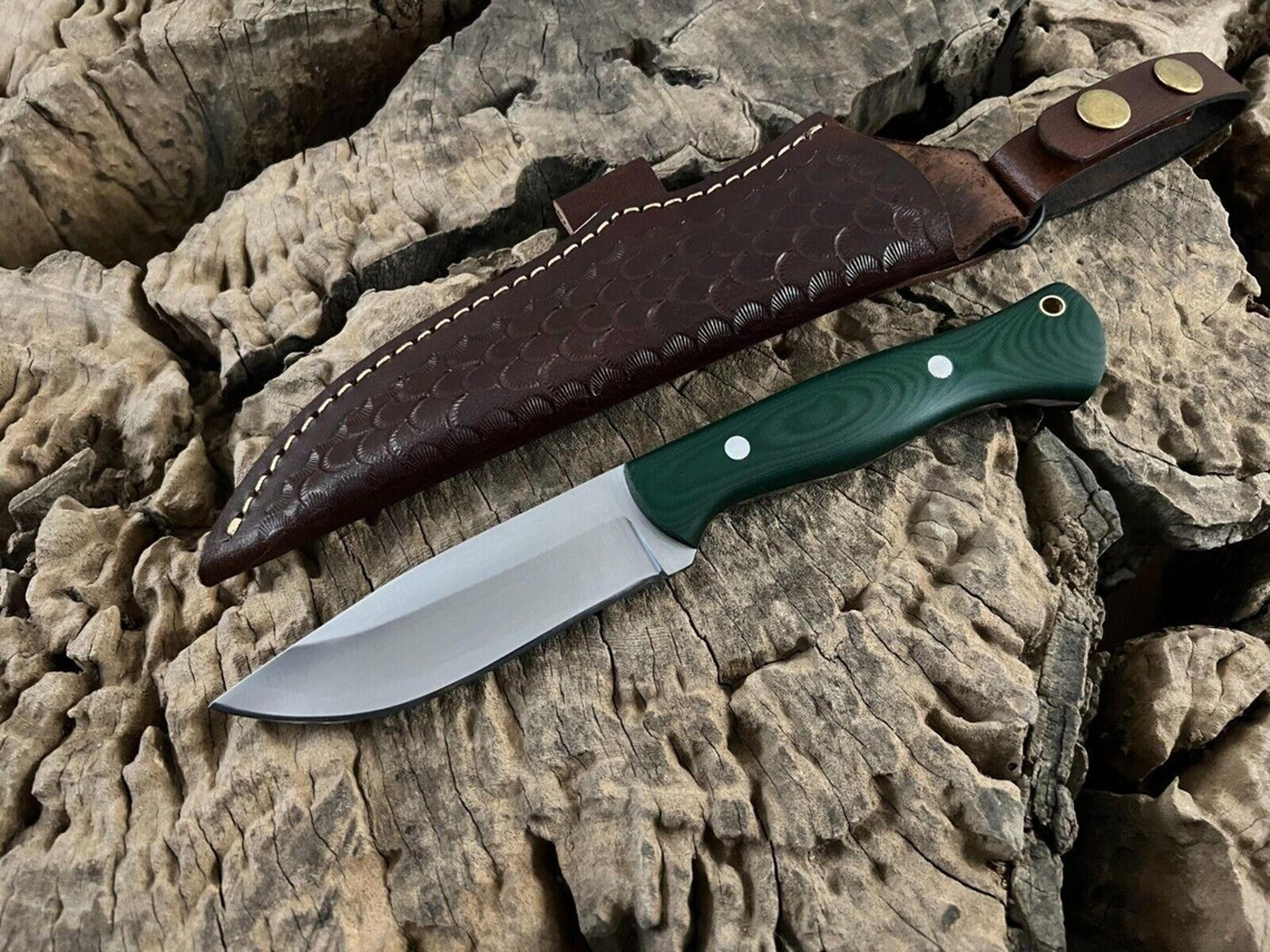 8 inches fixed blade hunting knife with leather sheath | ideal for outdoor camping, skinning, and survival green micarta