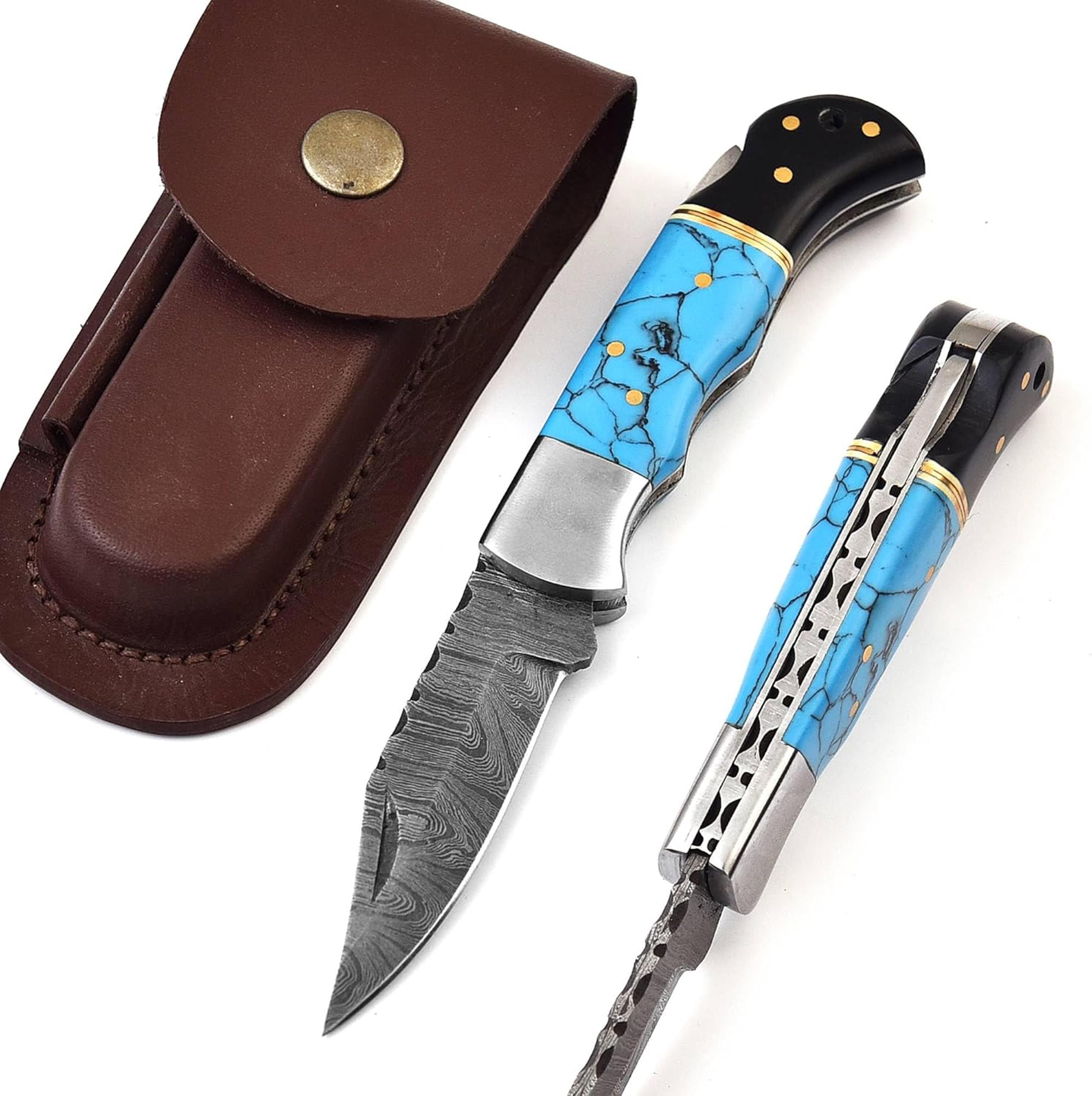 damascus folding pocket knife for men deal for camping, outdoor, hiking with sheath ideal for edc blue stone