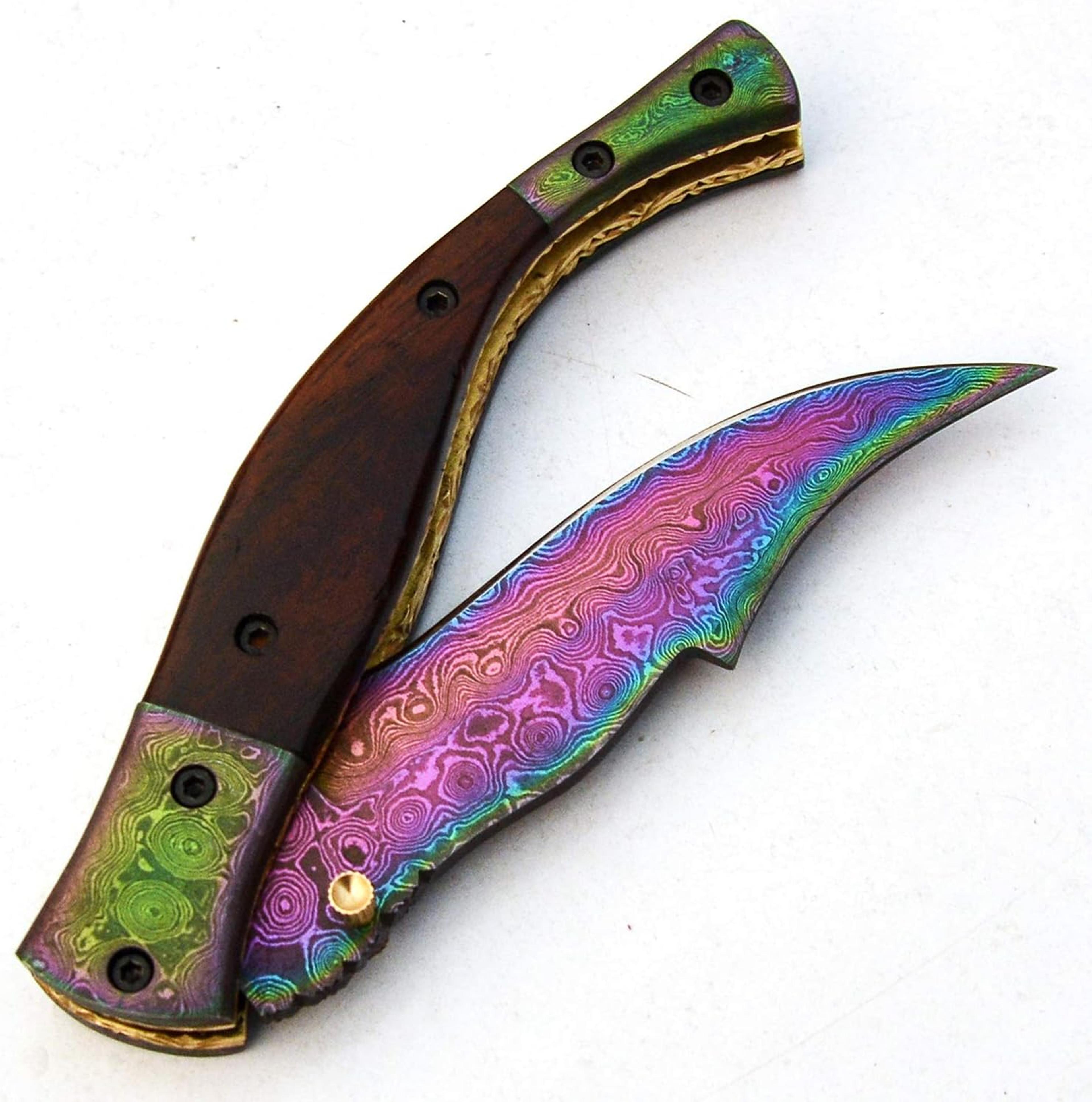 damascus folding pocket knife for men deal for camping, outdoor, hiking with sheath ideal for edc rose wood