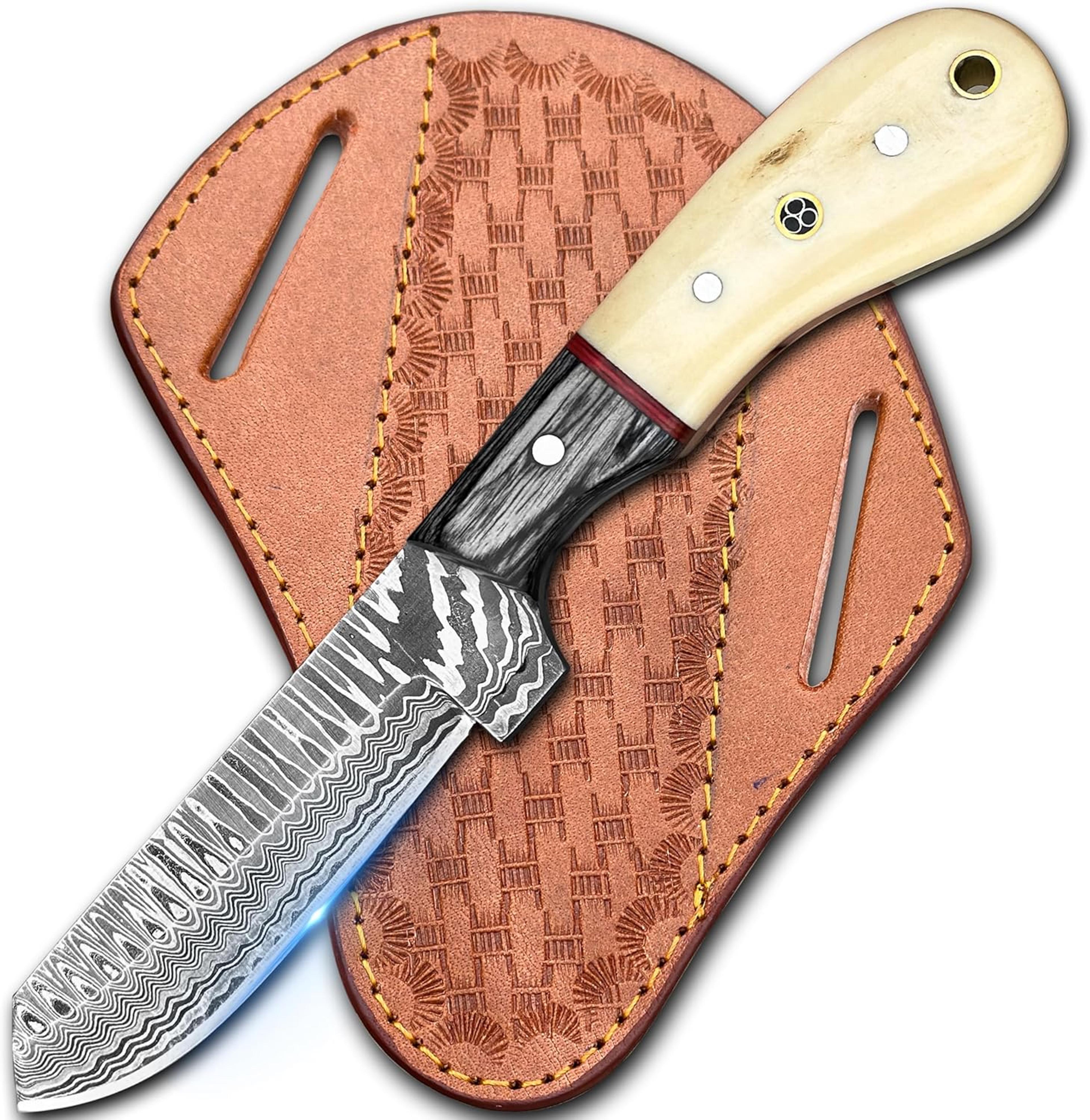 handmade damascus bull cutter knife - edc fixed blade hunting knife for skinning, camping, bushcrafting and outdoor