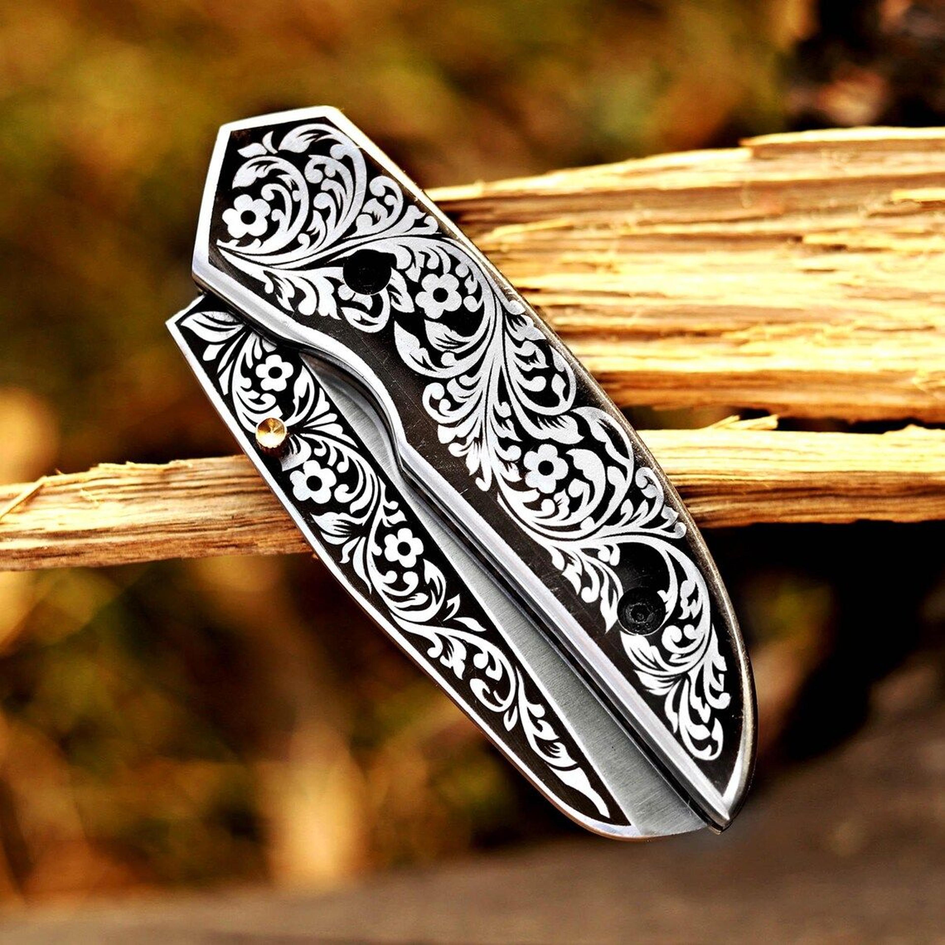 damascus folding pocket knife for men deal for camping, outdoor, hiking with sheath ideal for edc