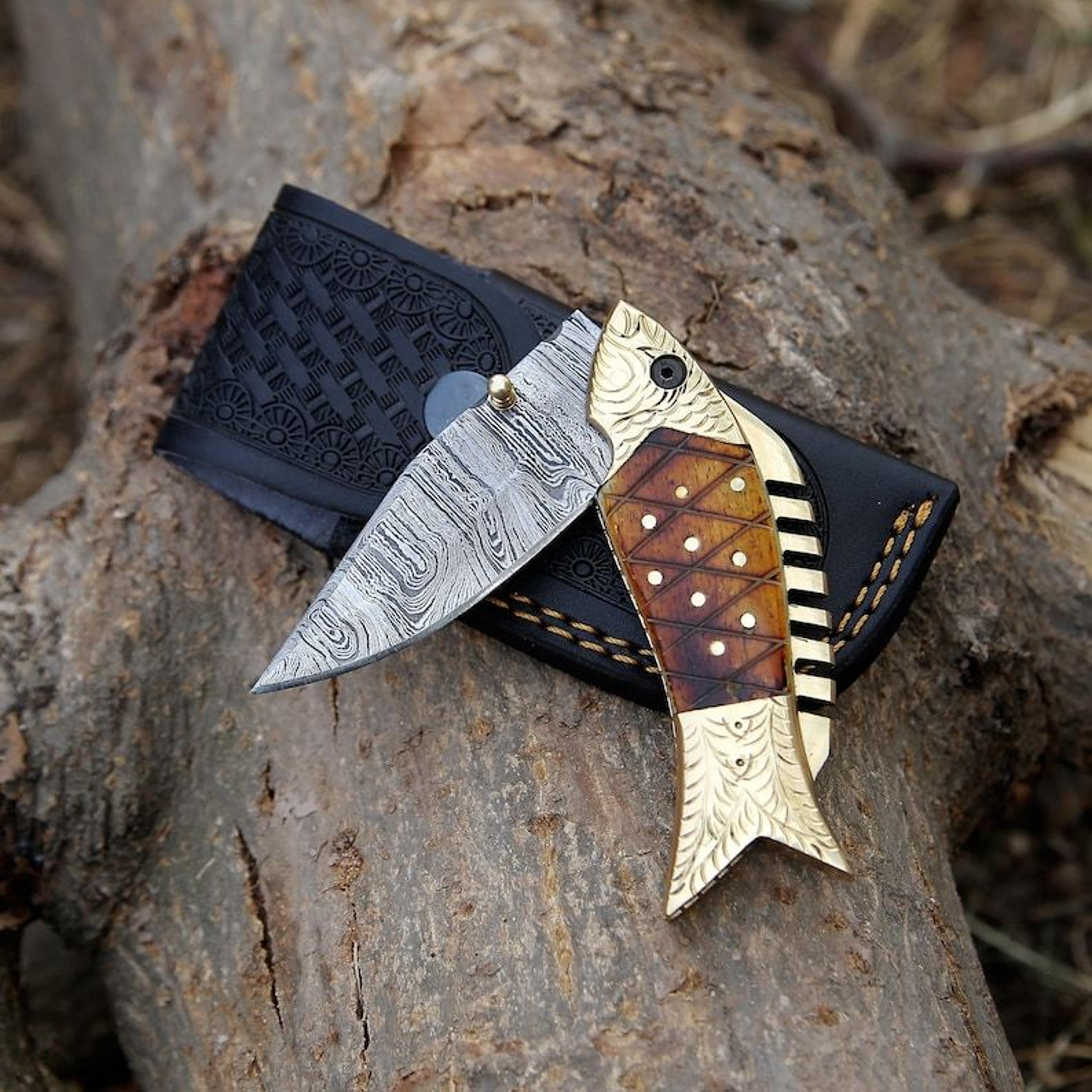 damascus personalized fish pocket knife groomsmen gift folding knife camping gift for boyfriend, thanksgiving
