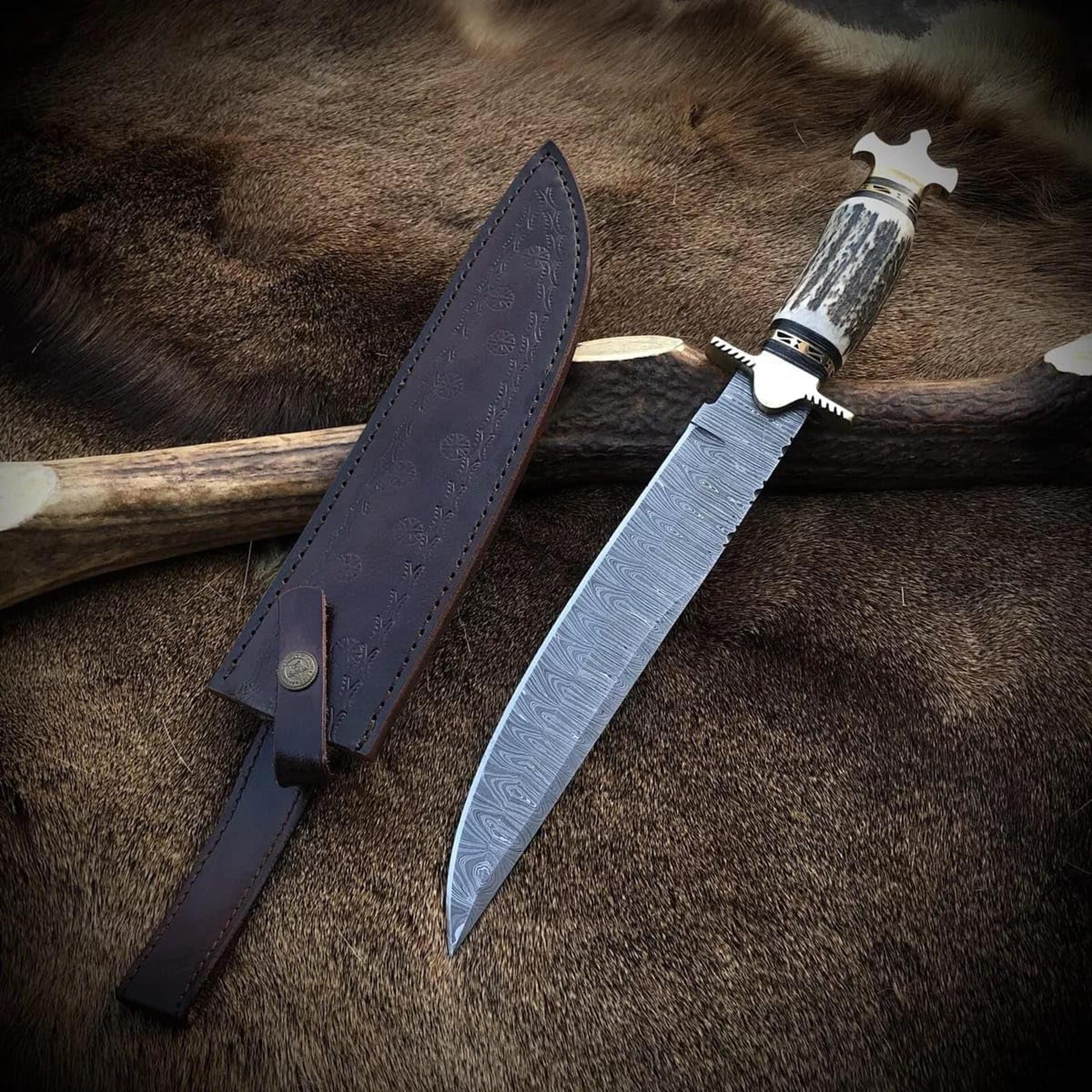 handmade d2 steel 14 hunting camping bowie knife with stag horn handle edc fixed blade knives for camping,