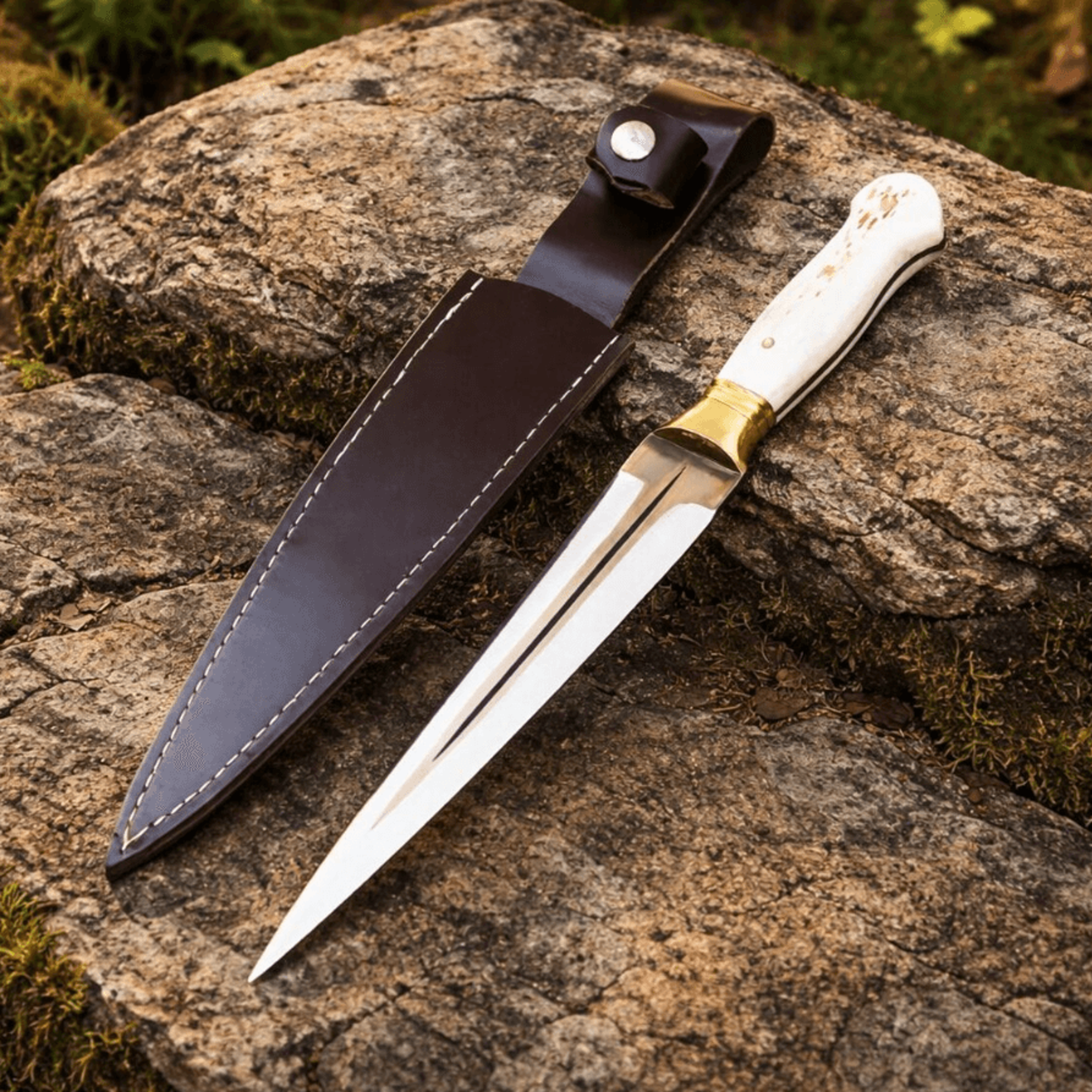 handmade hunting knife 4116 stainless steel, deer antler handle, full tang outdoor knife with leather sheath