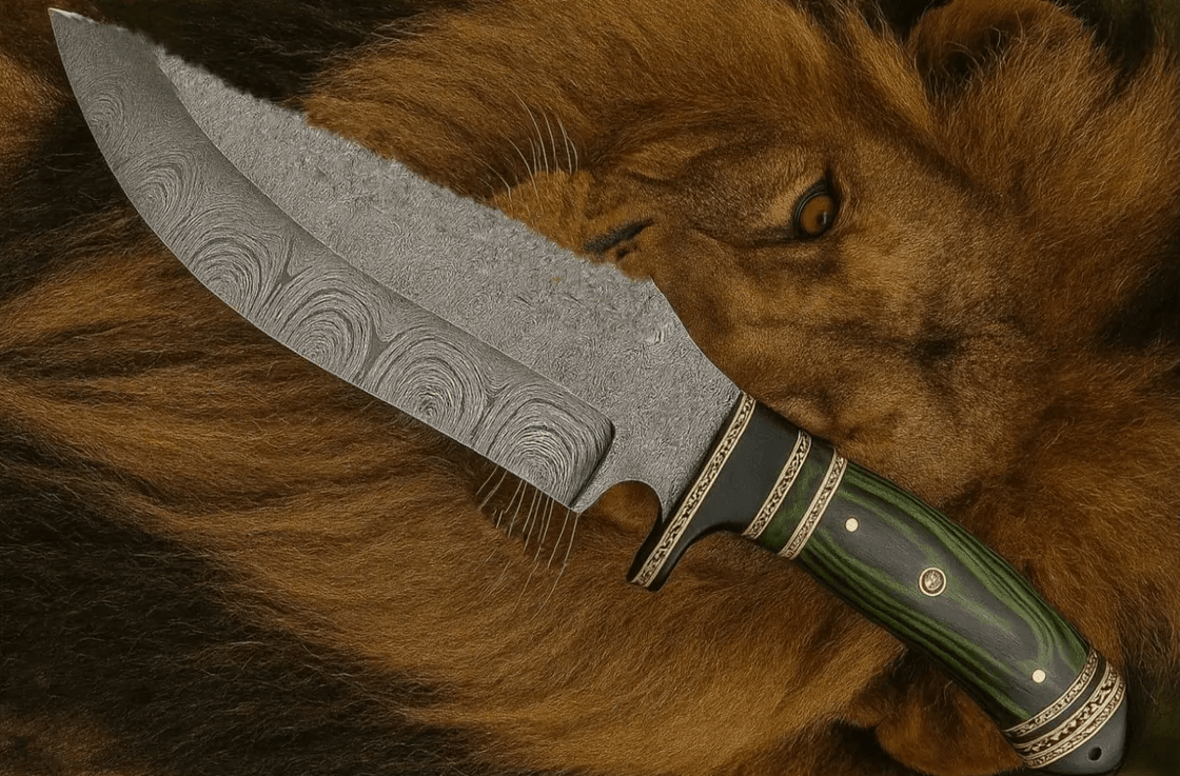 handmade damascus steel bowie knife – green exotic handle – hunting, camping & collectors blade